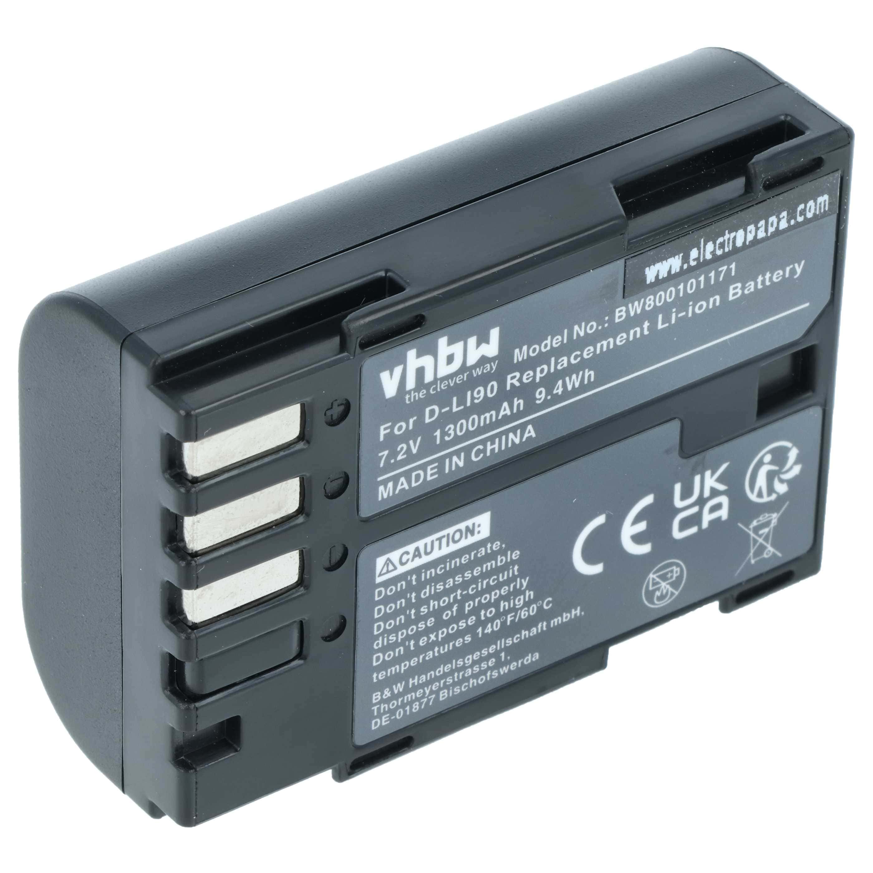 Battery replaces Pentax D-Li90 - 1300mAh, 7.2V, Li-Ion