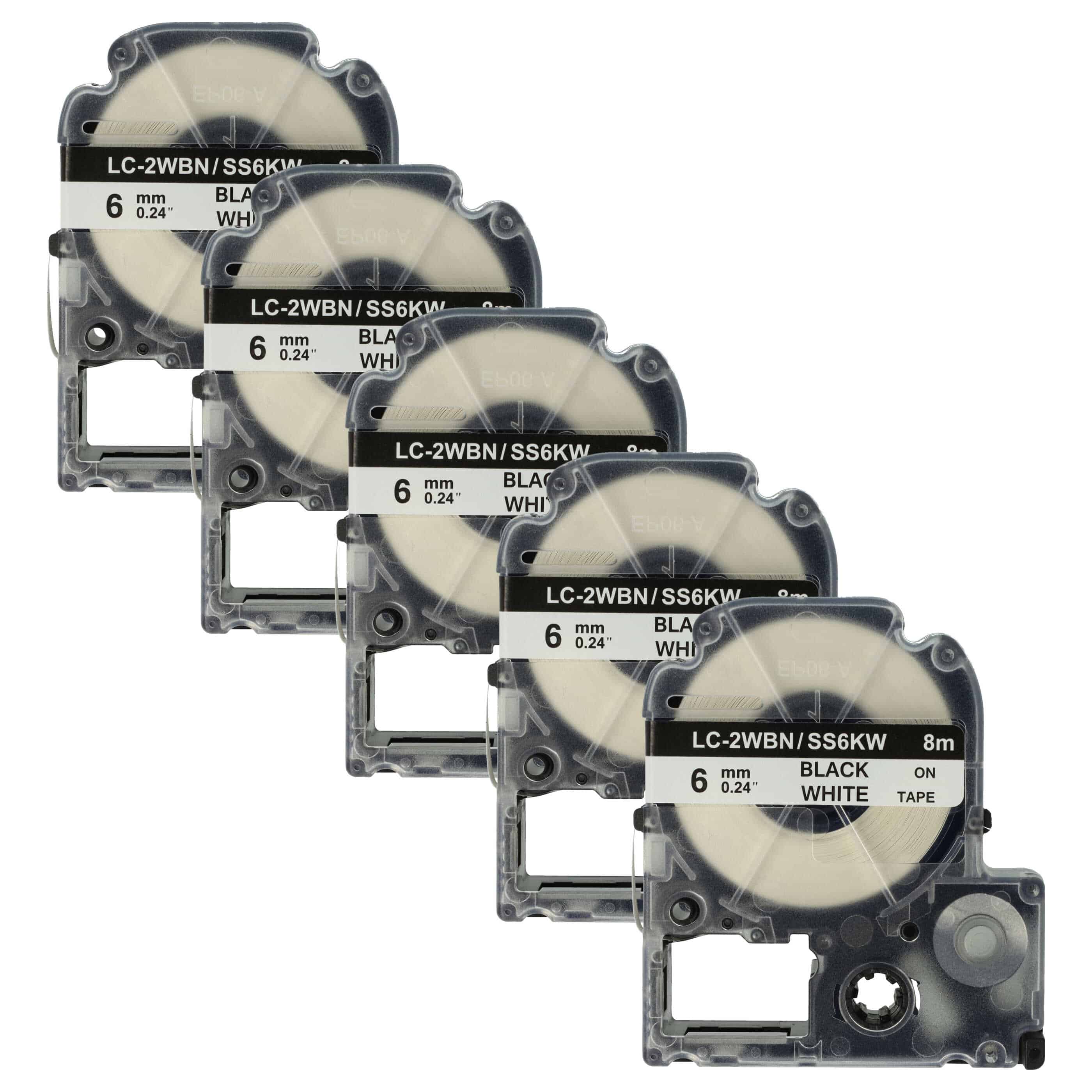 5x Label Tape replaces Epson LC-2WBN - 6 mm Black to White