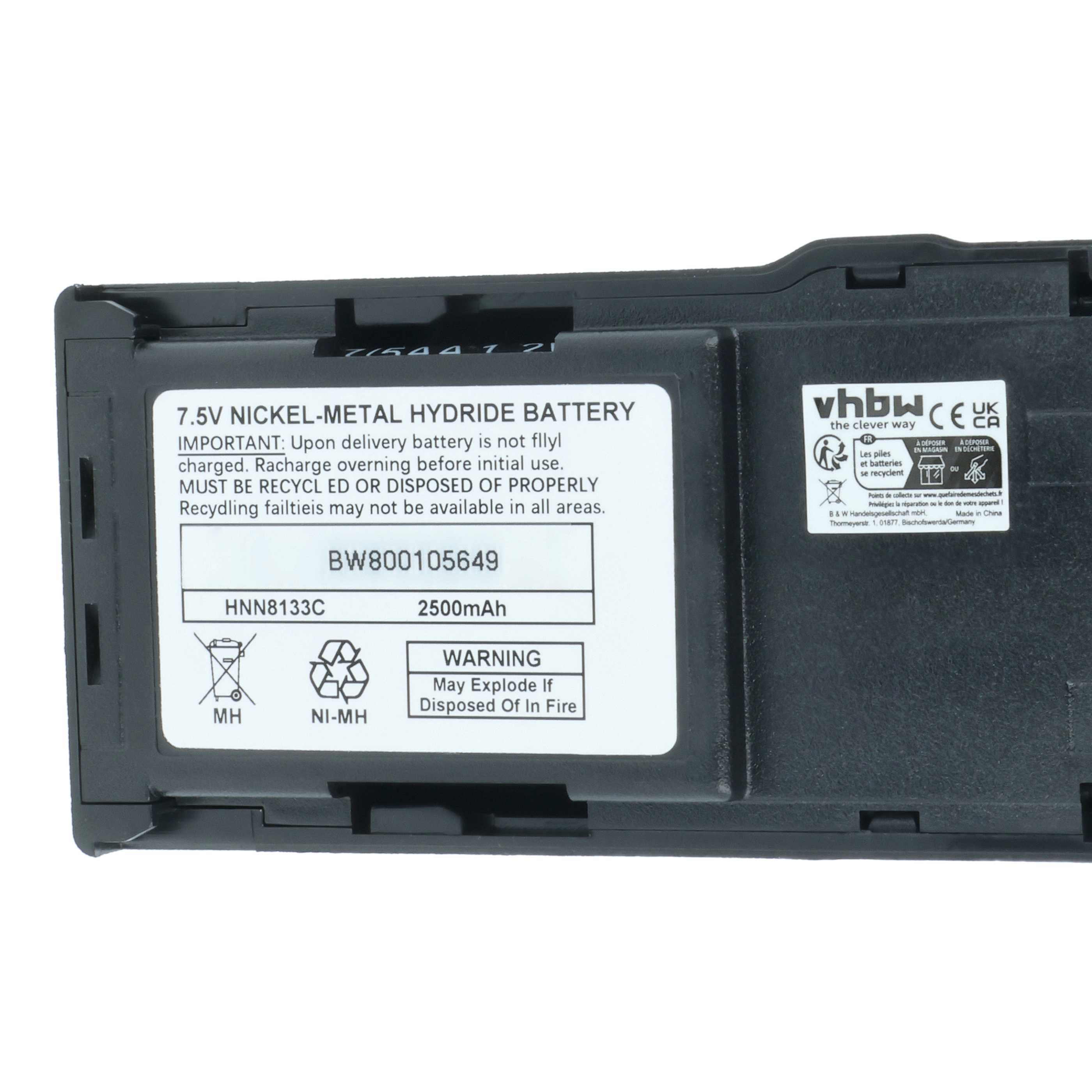 Radio 10x Battery replaces Motorola HNN8133C, HNN9628A, HNN8308A, HNN9628 - 2500 mAh 7.5 V NiMH + Belt Clip