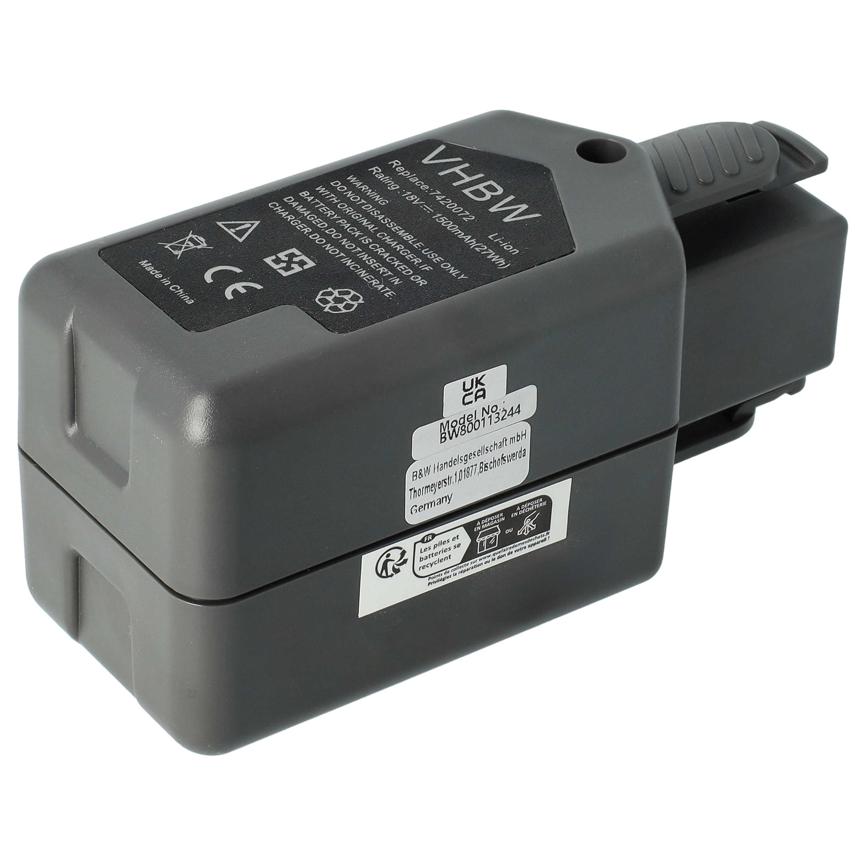 Lawnmower Battery Replacement for Wolf Garten 7420090, 7420072 - 1500 mAh 18 V Li-Ion, grey