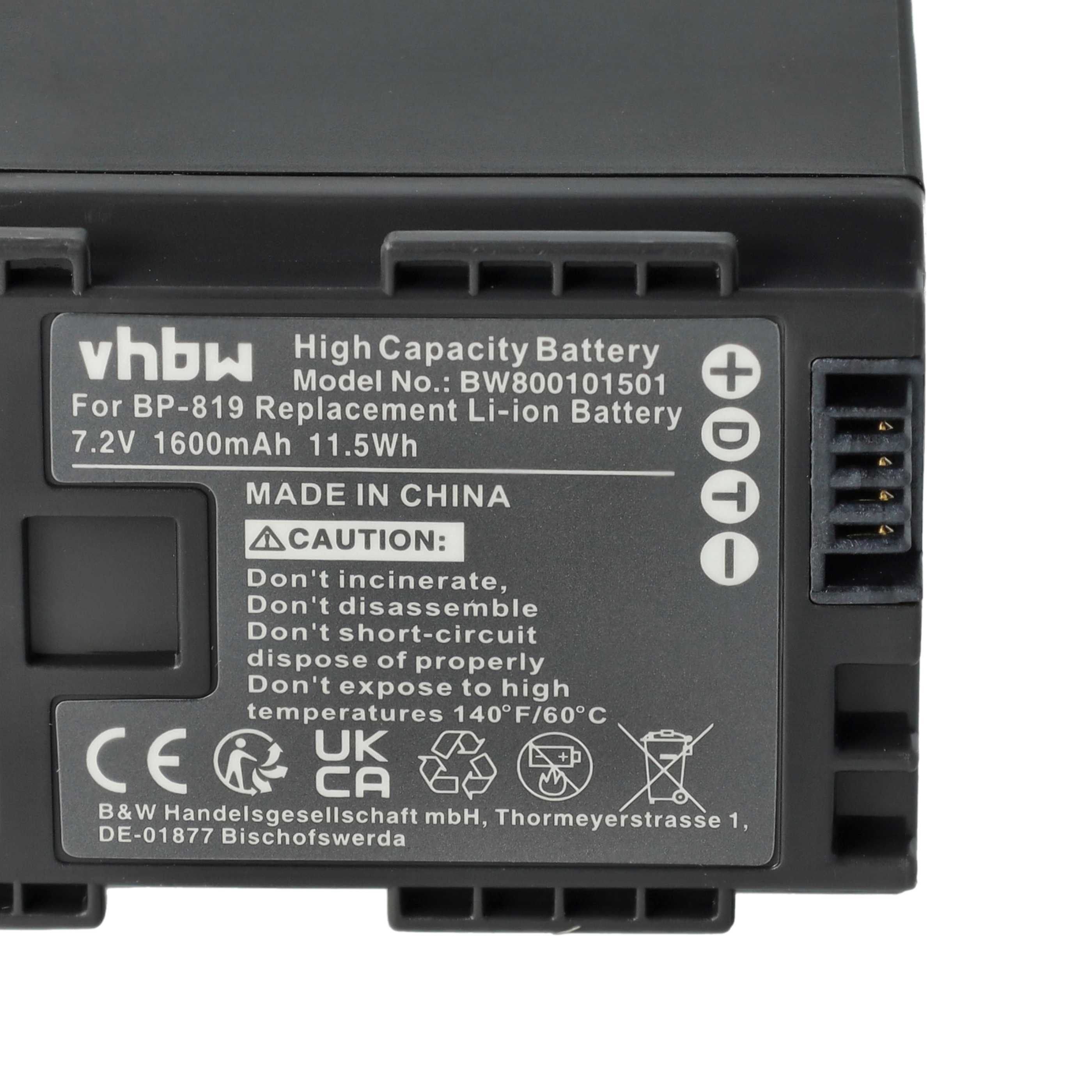 Videocamera 3x Battery replaces Canon 2740B002, BP-819 - 1600 mAh 7.2 V Li-Ion