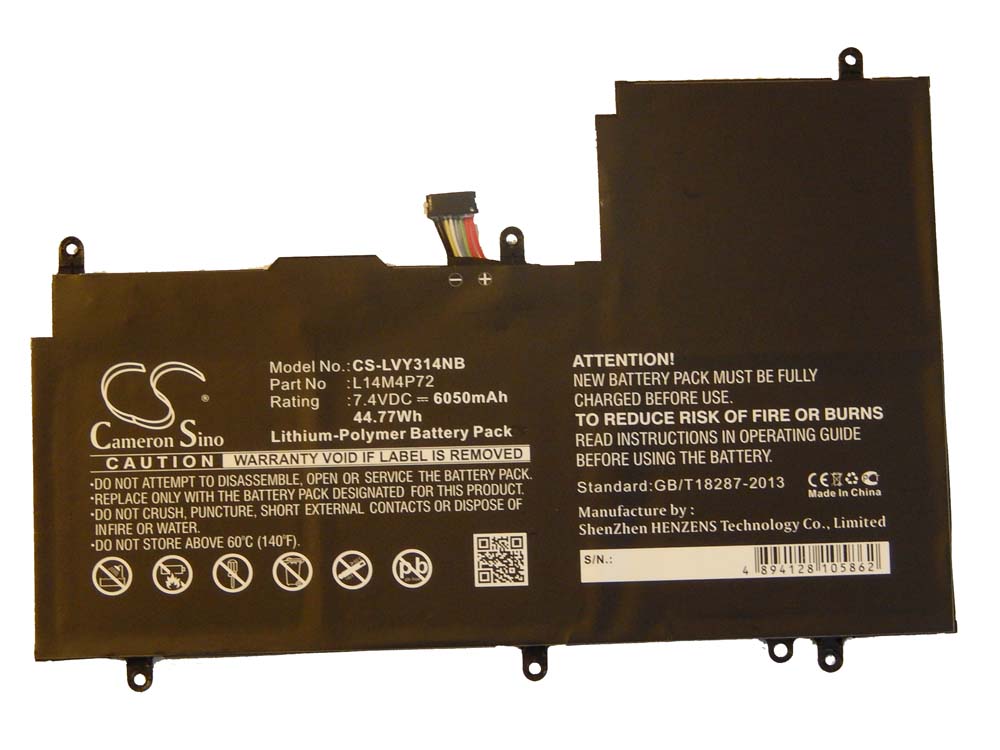 Batterie remplace L14M4P72 pour ordinateur portable - 6050mAh 7,4V Li-polymère, noir