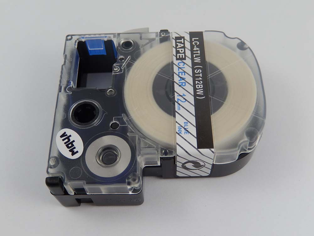 Cassette à ruban remplace Epson LC-4TLW, ST12BW - 12mm lettrage Bleu ruban Transparent