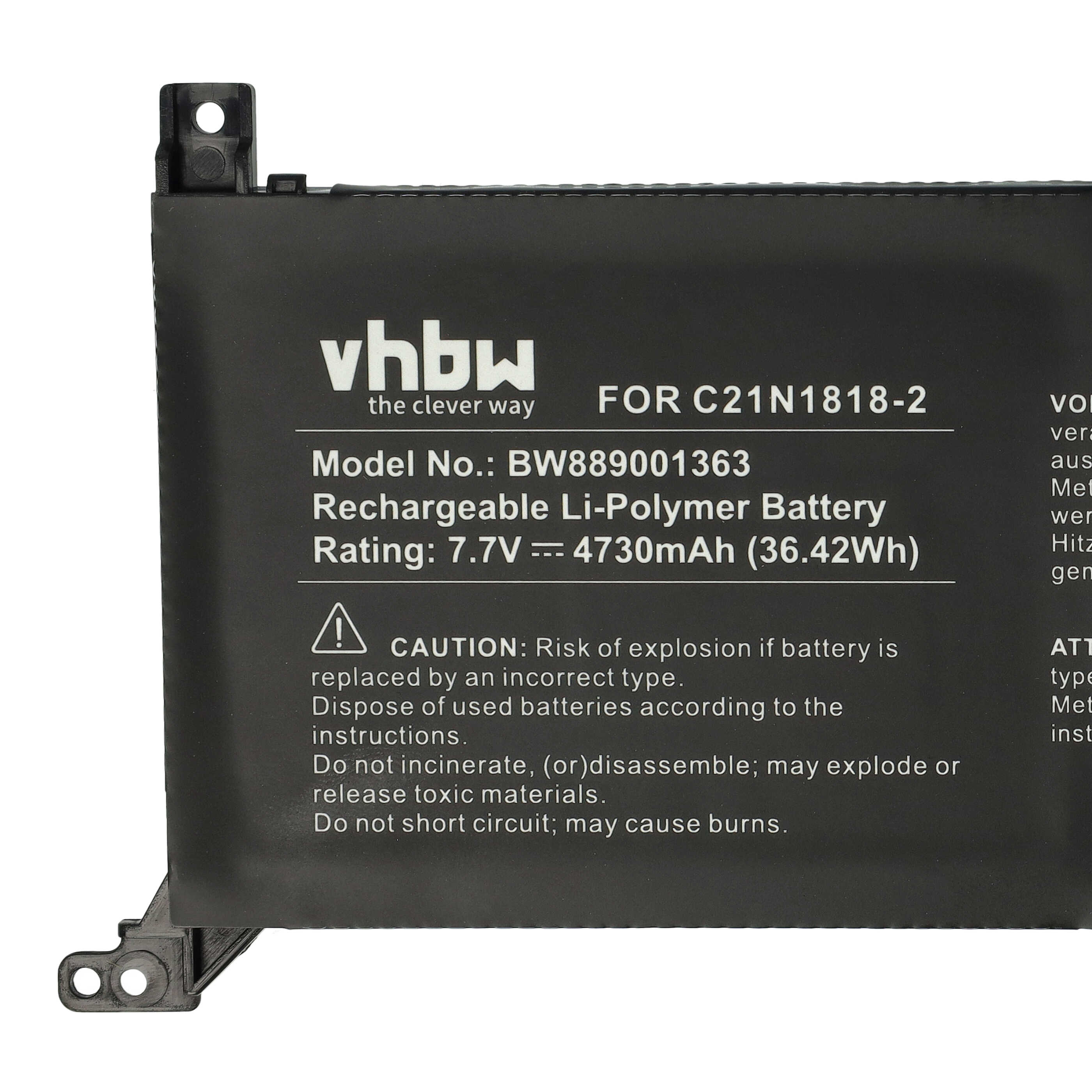 Batterie remplace Asus 0B200-03280500, C21N1818-2 pour ordinateur portable - 4730mAh 7,7V Li-polymère