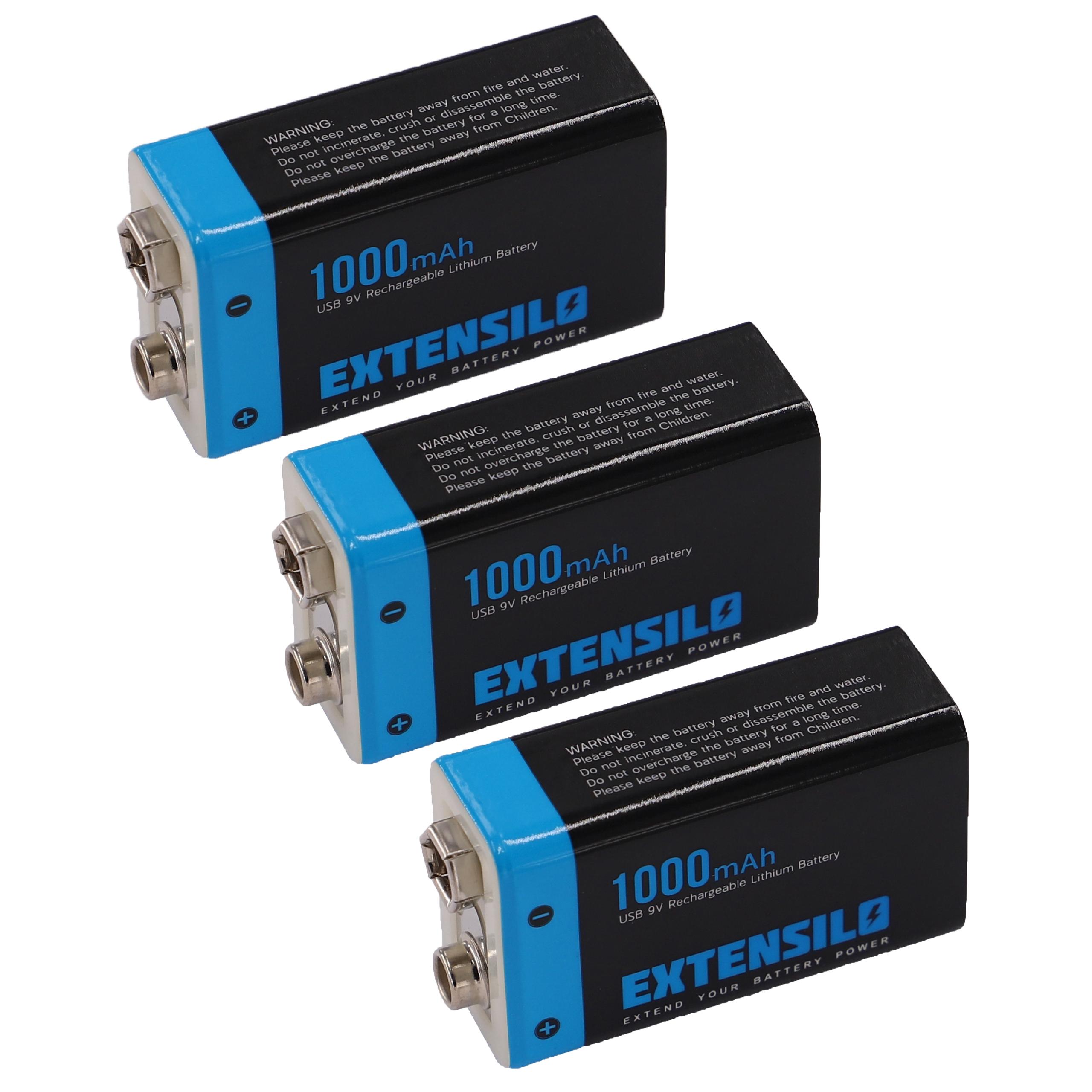 Batteria (3x pezzo) per diversi dispositivi - 1Ah 9V Li-Ion con porta Micro USB