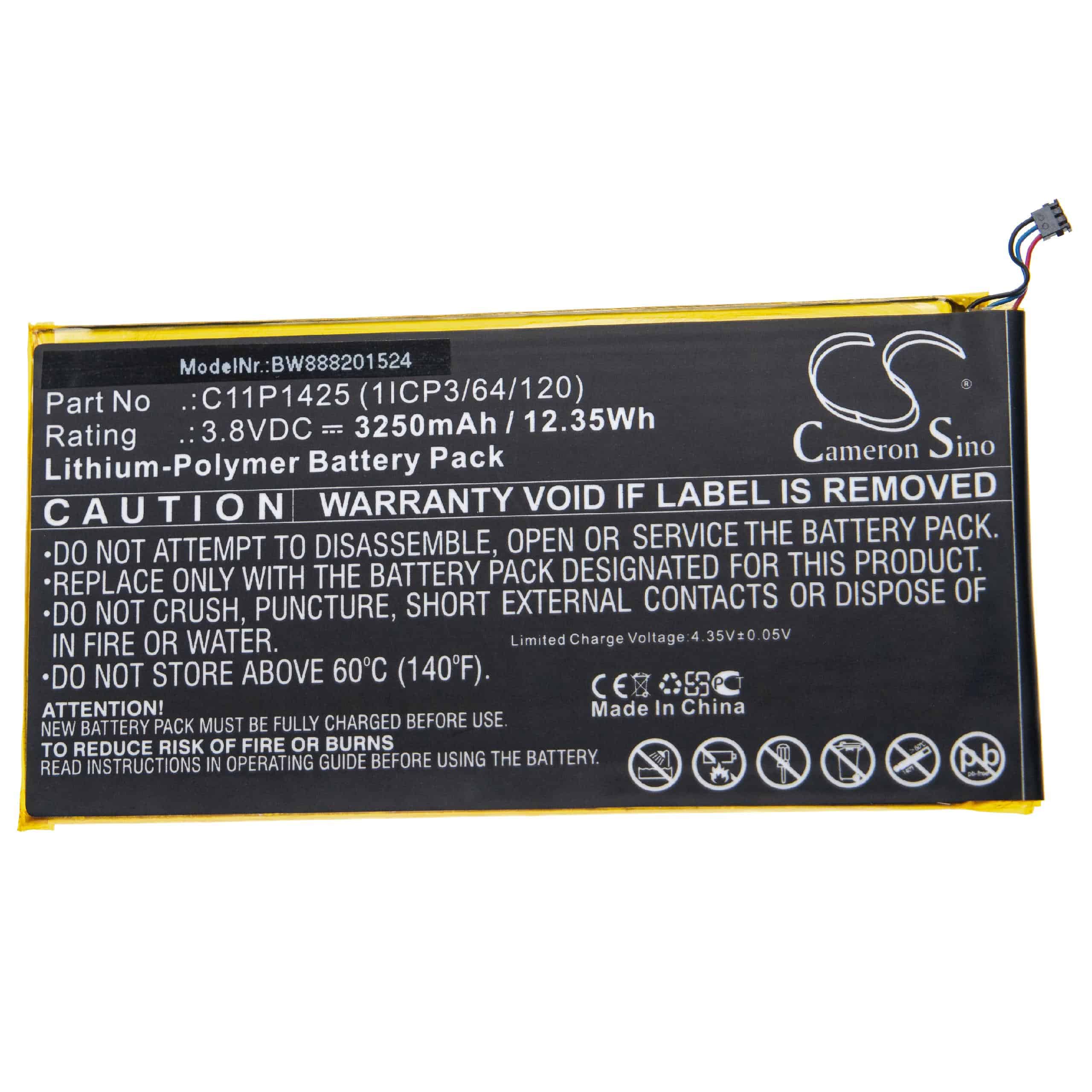 Batterie remplace Asus 0B200-01510100, C11P1425 (1ICP3/64/120) pour tablette - 3250mAh 3,8V Li-polymère