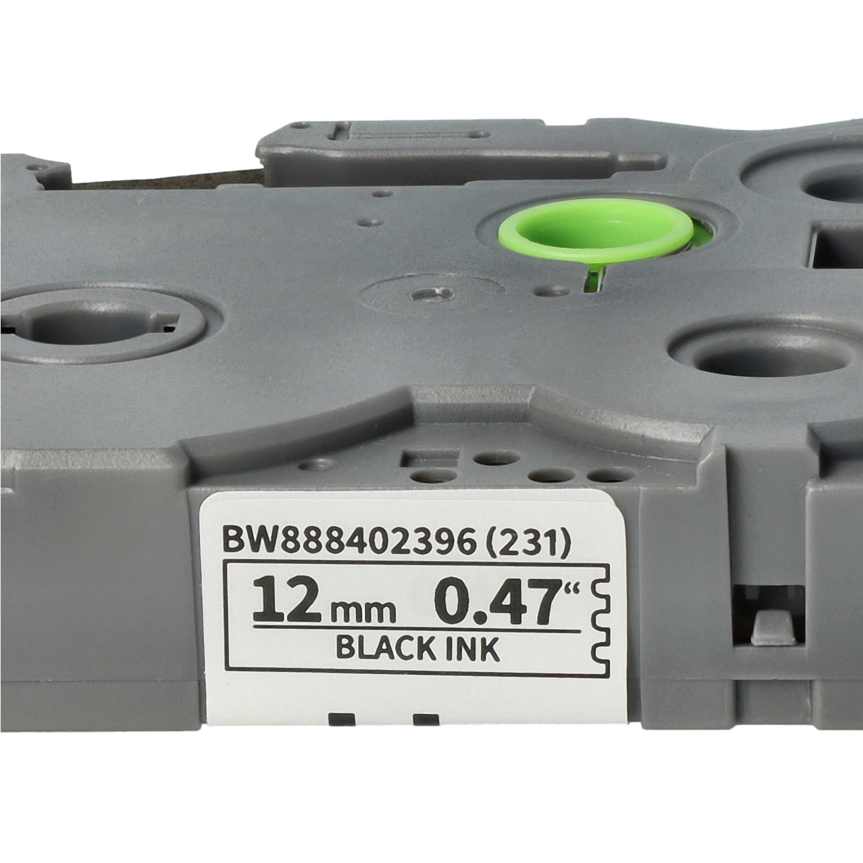 2x Label Tape replaces Brother TZE-231S - 12 mm Black to White