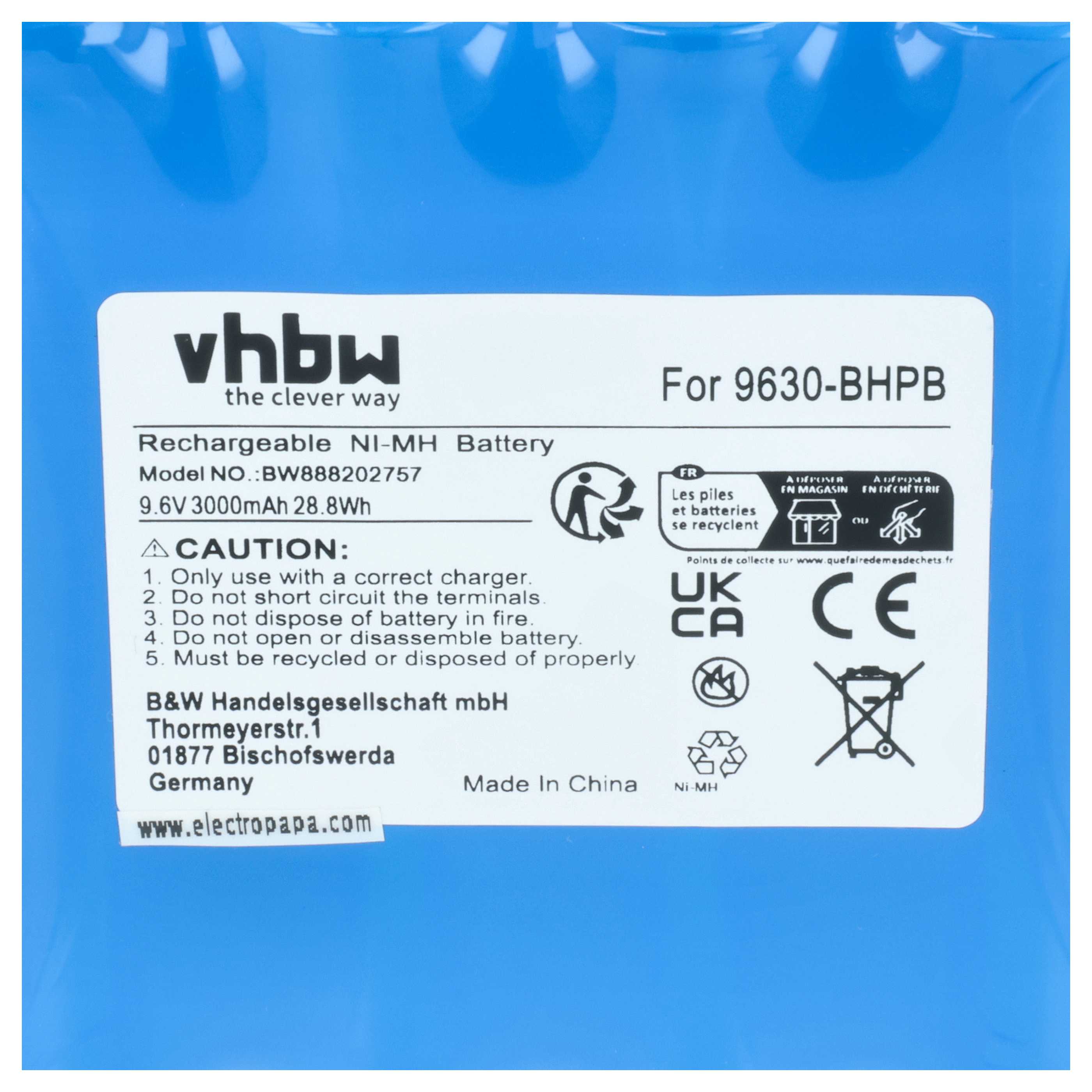 Batteria per pulitrice sostituisce Water Tech 9630-BHPB - 3000mAh 9,6V NiMH