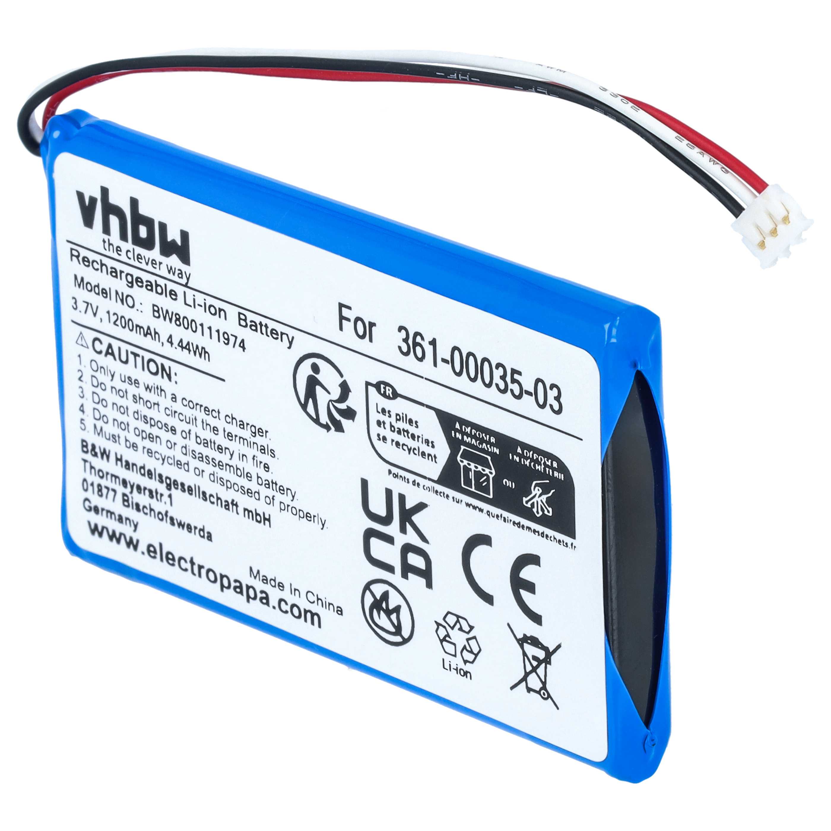 GPS Battery replaces Garmin 361-00035-03, AI32AI32FA14Y, 361-00035-00, KE37BE49D0DX3 - 1200mAh, 3.7V