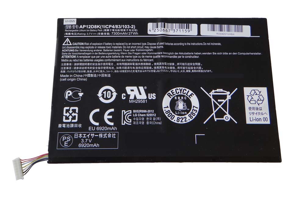Batería reemplaza Acer 1ICP4/83/103-2, AP12D8K para tablet, Pad Acer - 7300 mAh 3,7 V Li-poli
