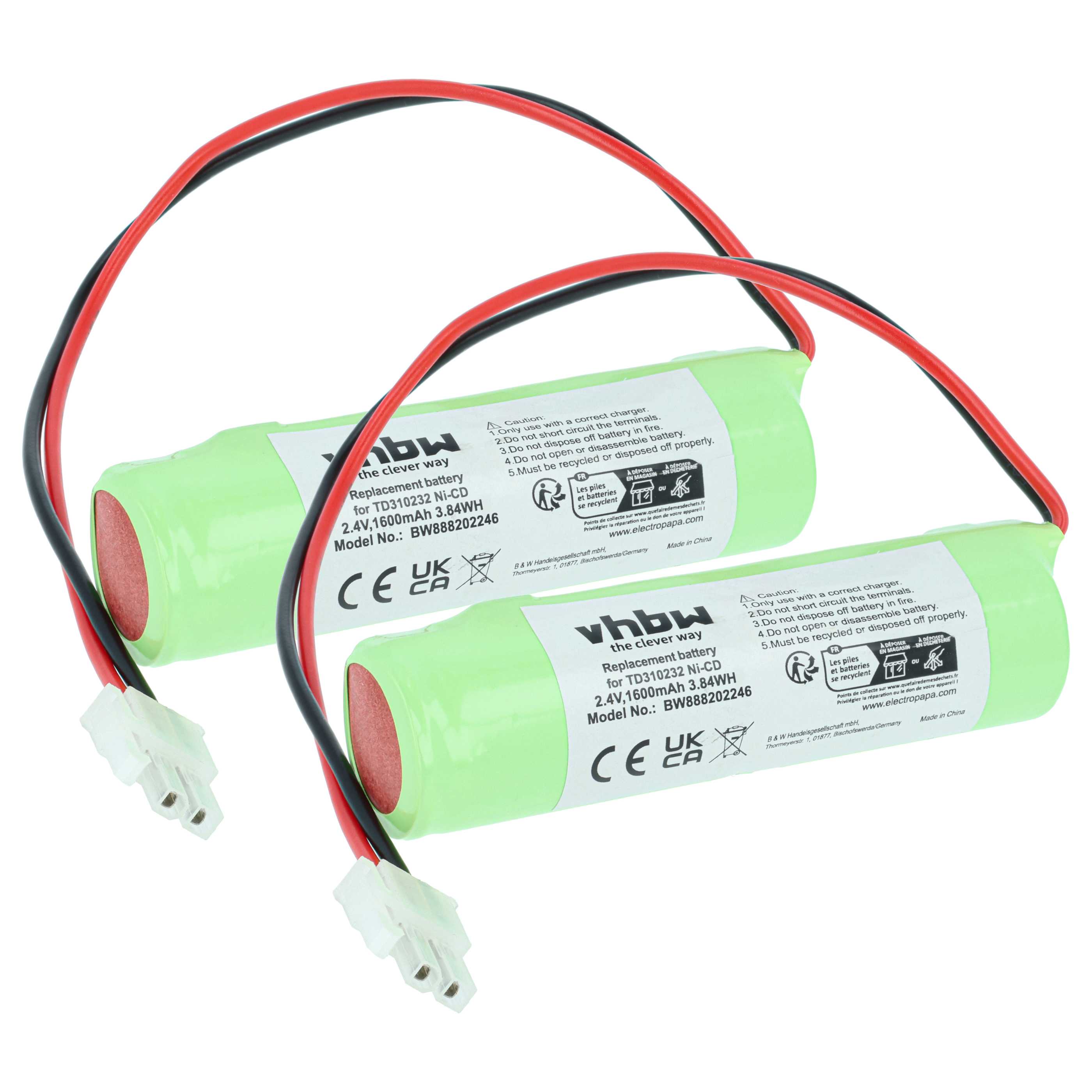 Fluchtweg-Akku (2 Stück) als Ersatz für Schneider TD310232 für Schneider - 1600mAh 2,4V NiCd