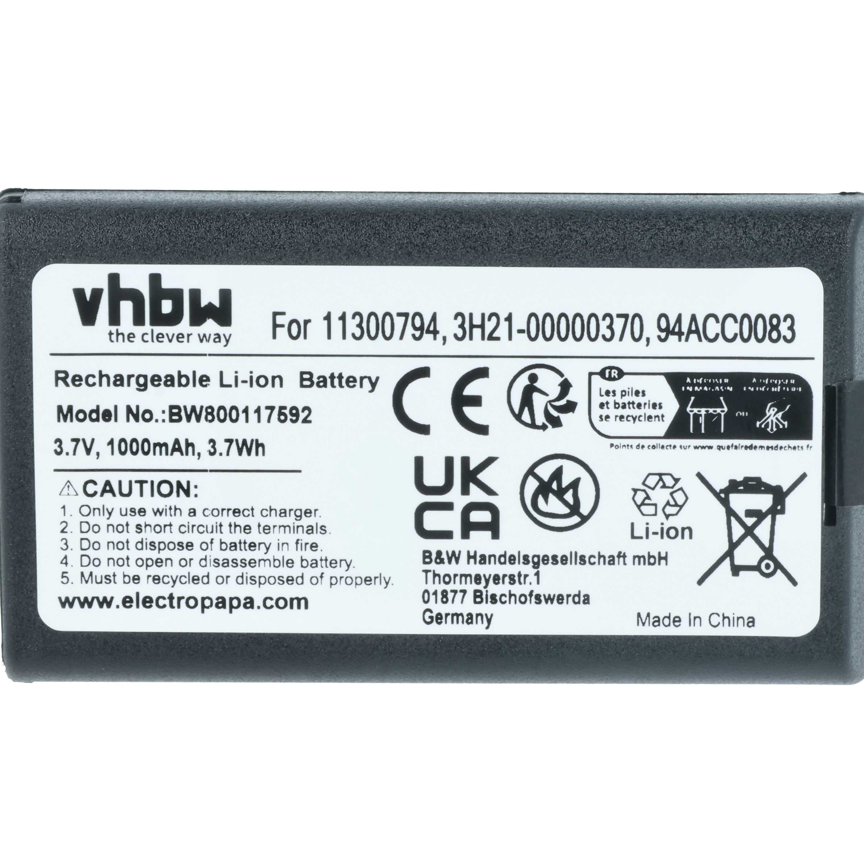 5x Batteria sostituisce Datalogic 11300794, 3H21-00000370 per barcode scanner Datalogic - 1000mAh 3,7V Li-Ion