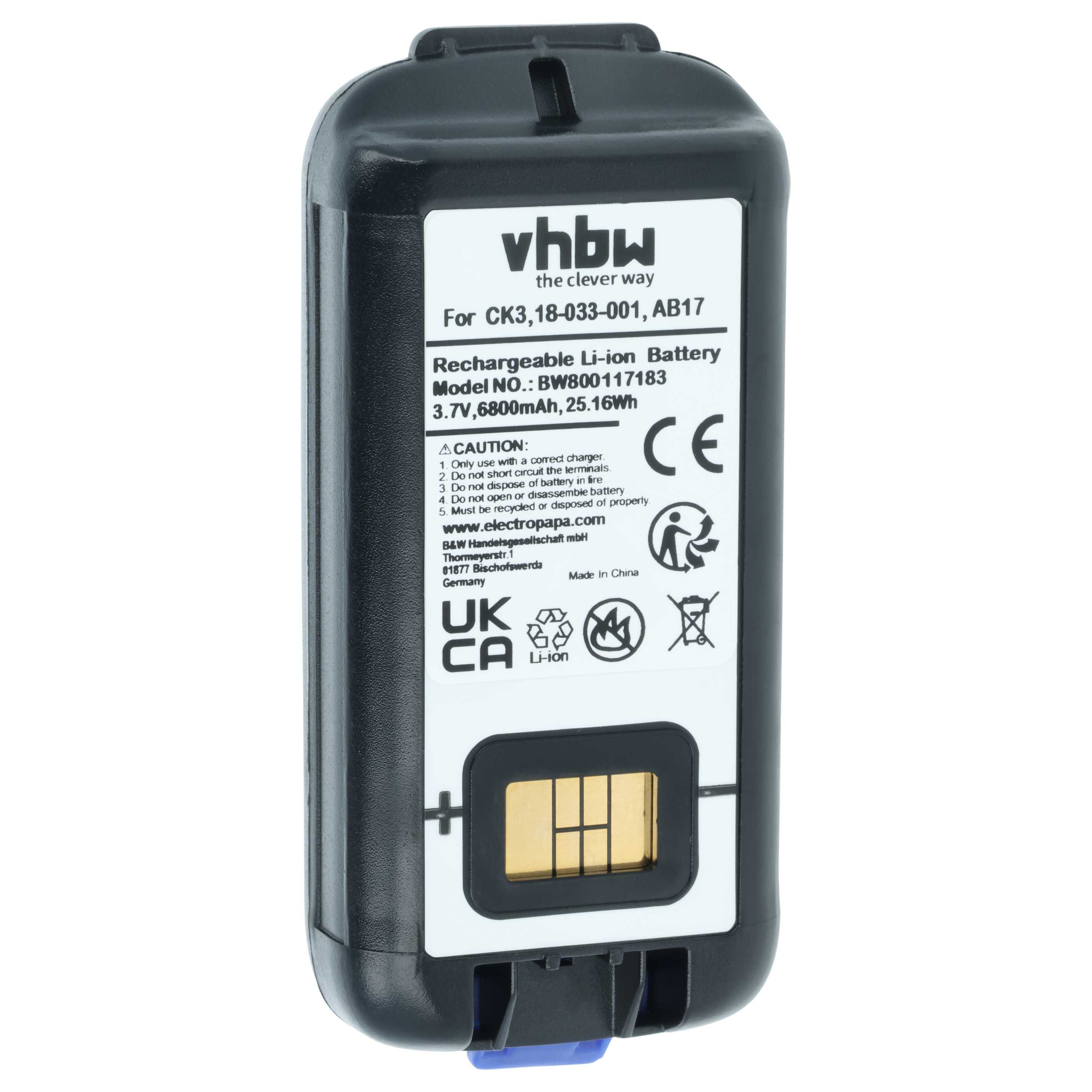 Batería reemplaza Intermec 318-033-021, 318-033-001 para escáner código de barras (6800 mAh, 3,7 V, Li-Ion)