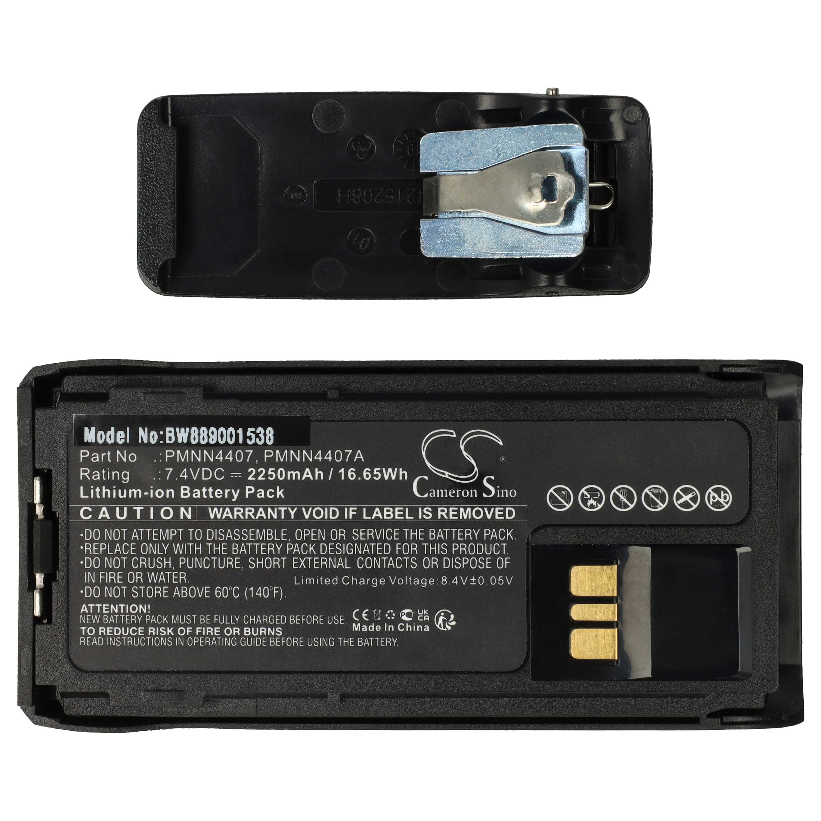 Akku als Ersatz für Motorola PMNN4406BR, PMNN4406, PMNN4407 für Funkgerät - 2250mAh 7,4V Li-Ion+ Gürtelclip