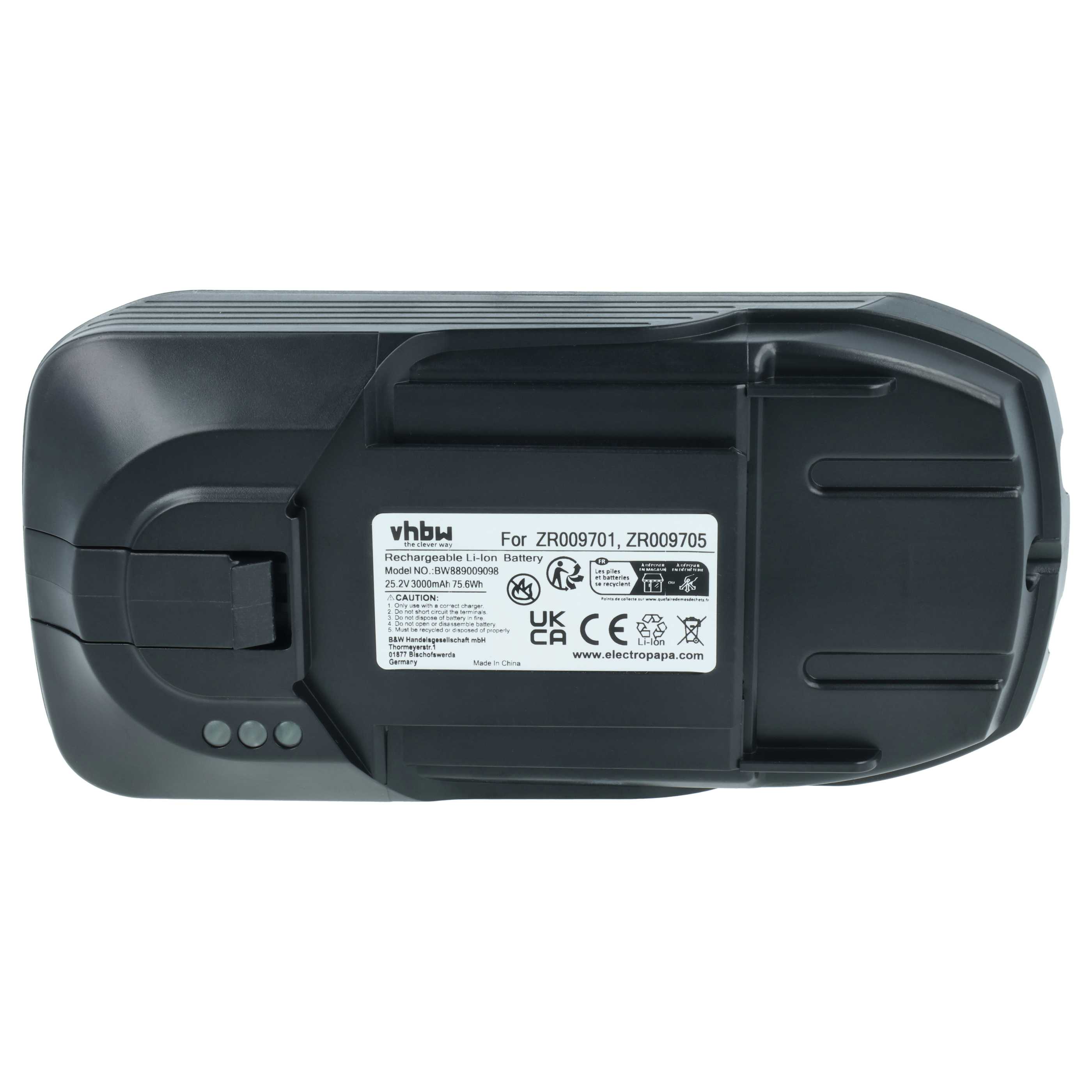 Battery replaces Rowenta ZR009705, ZR009701 for Rowenta 3000mAh, 25.2V, Li-Ion
