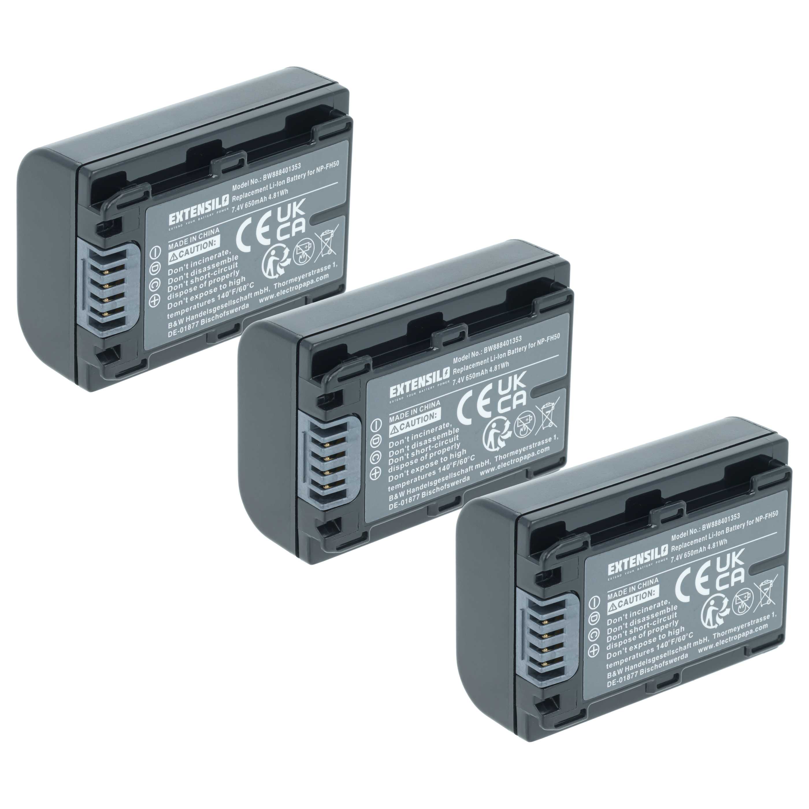3x Battery replaces Sony NP-FH70, NP-FH40, NP-FH100, NP-FH50 - 650mAh, 7.2V, Li-Ion