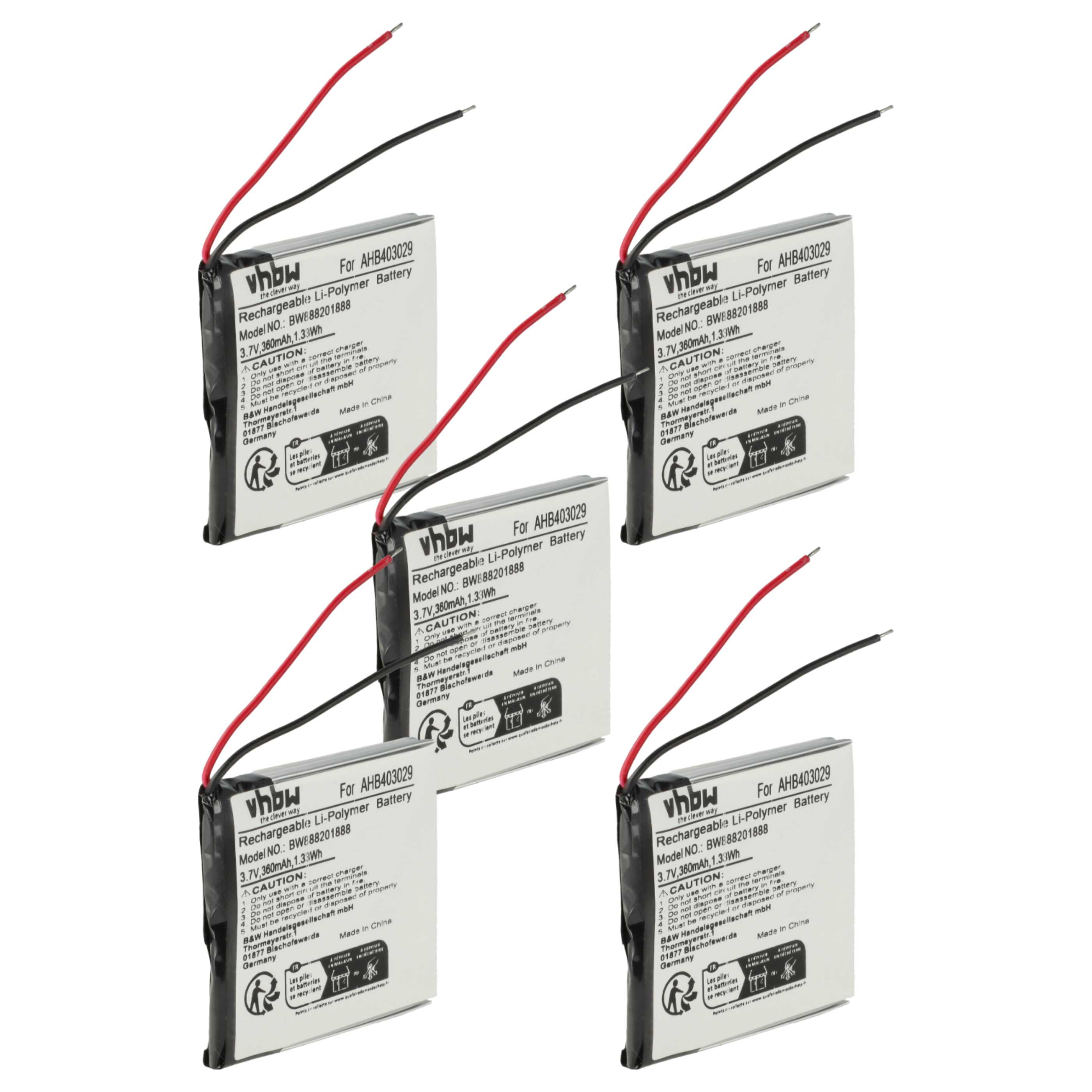 5x Akumulator do słuchawek bezprzewodowych zamiennik Plantronics AHB403029 - 360 mAh 3,7 V LiPo