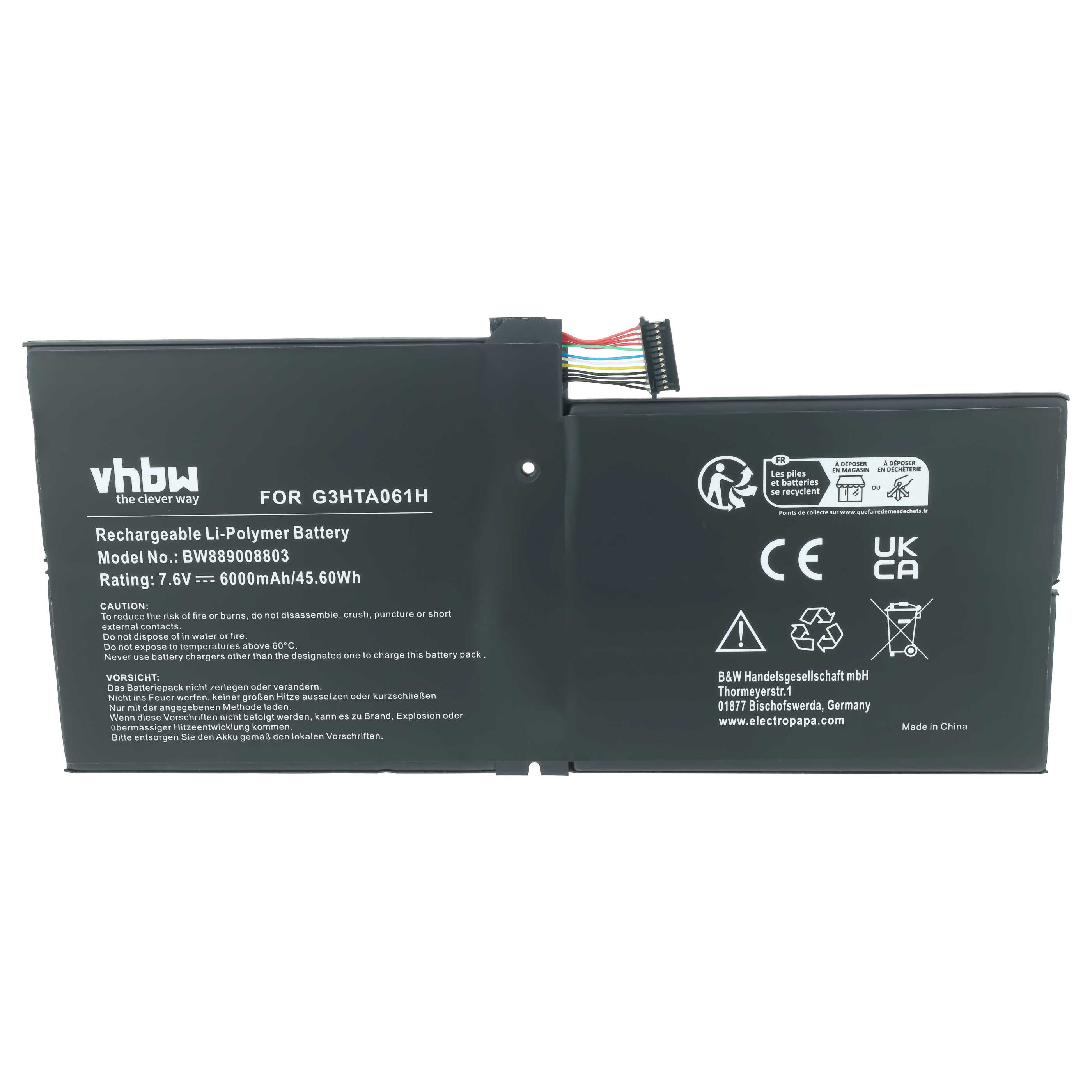Batterie remplace Microsoft G3HTA061H pour ordinateur portable Microsoft- 6000mAh 7,6V Li-polymère