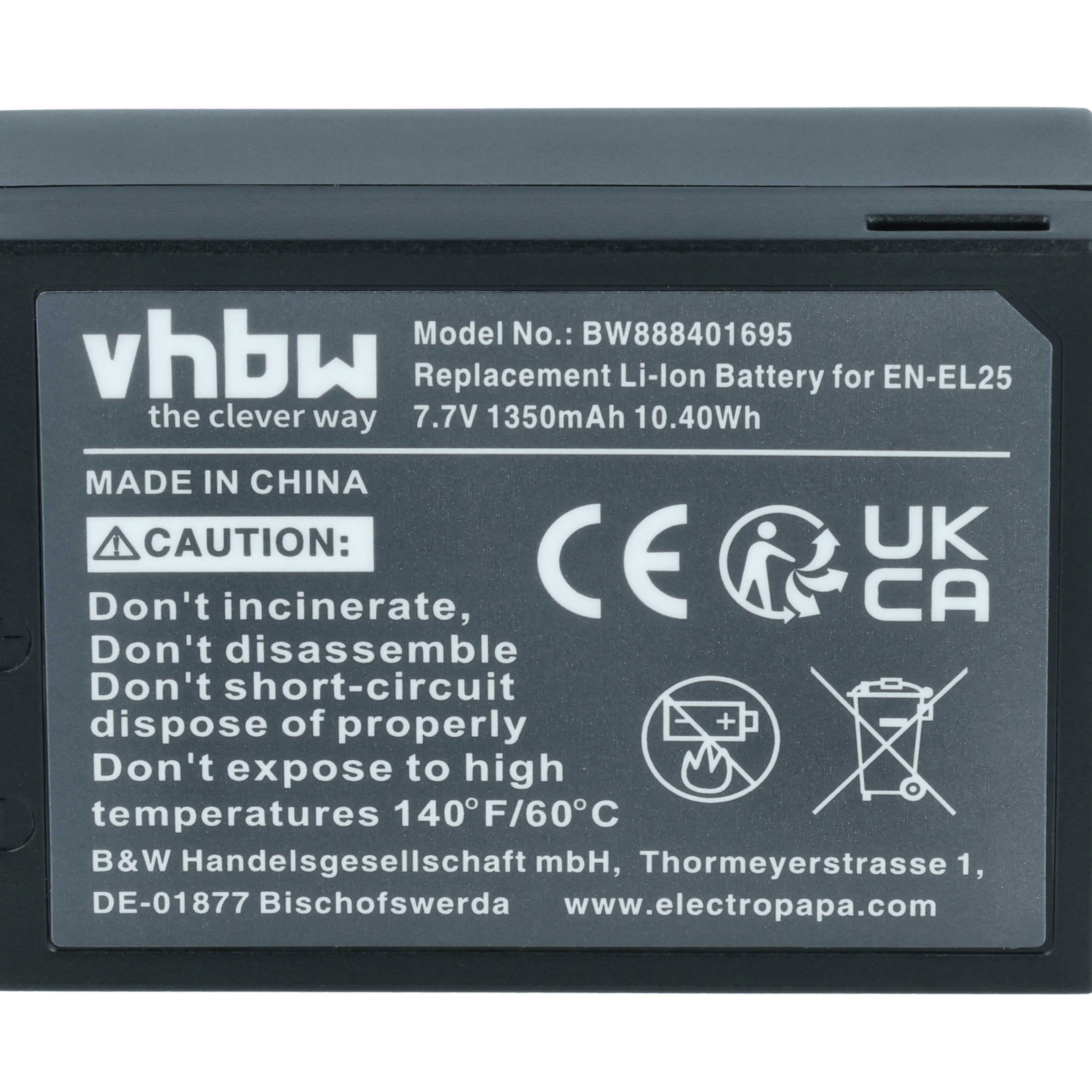 Batteria sostituisce Nikon EN-EL25a, EN-EL25, VFB12502 per fotocamera - 1350mAh 7,6V Li-Ion