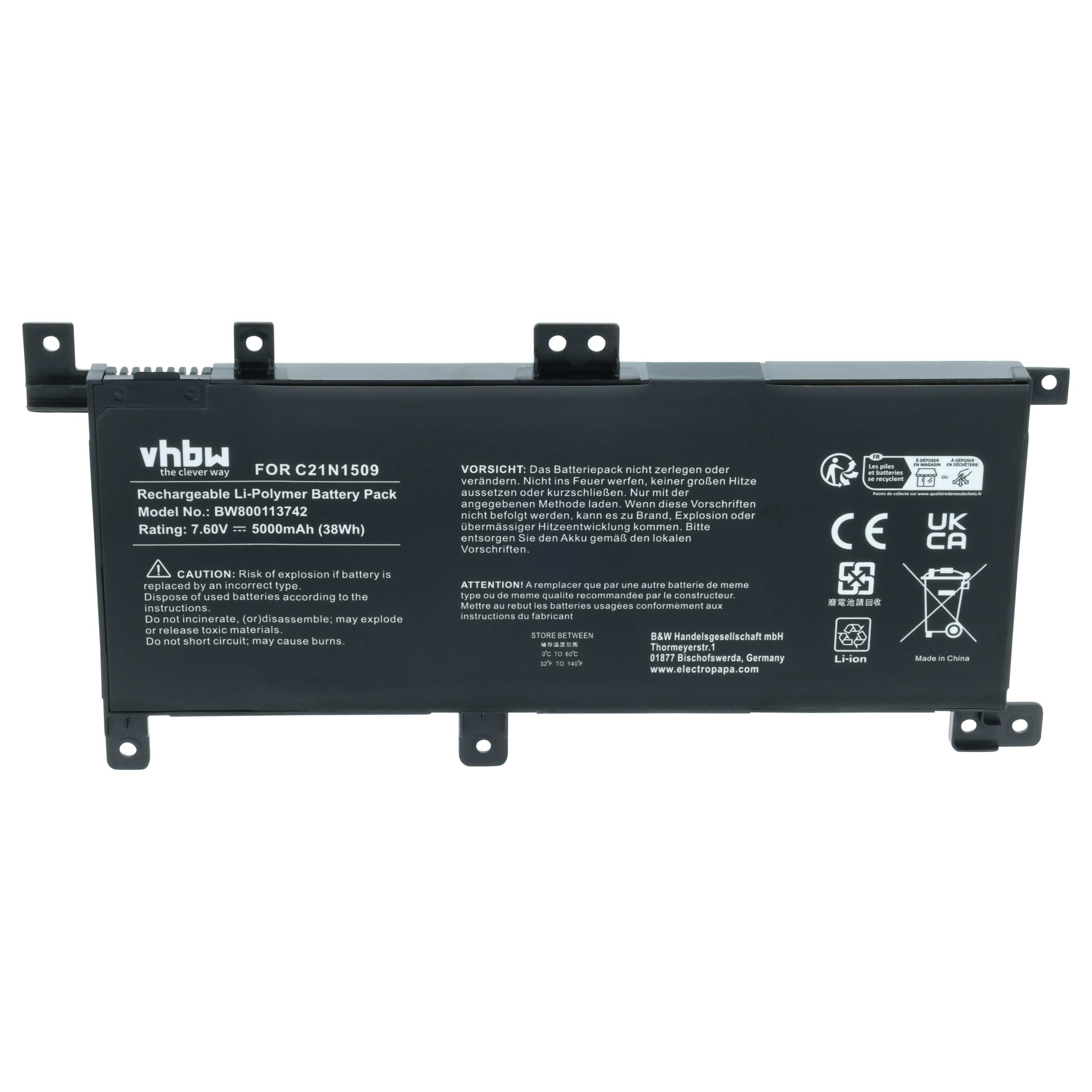 Akumulator do laptopa zamiennik Asus C21N1509, 0B200-01750000, C21-N1509 - 5000 mAh 7,6 V LiPo, czarny
