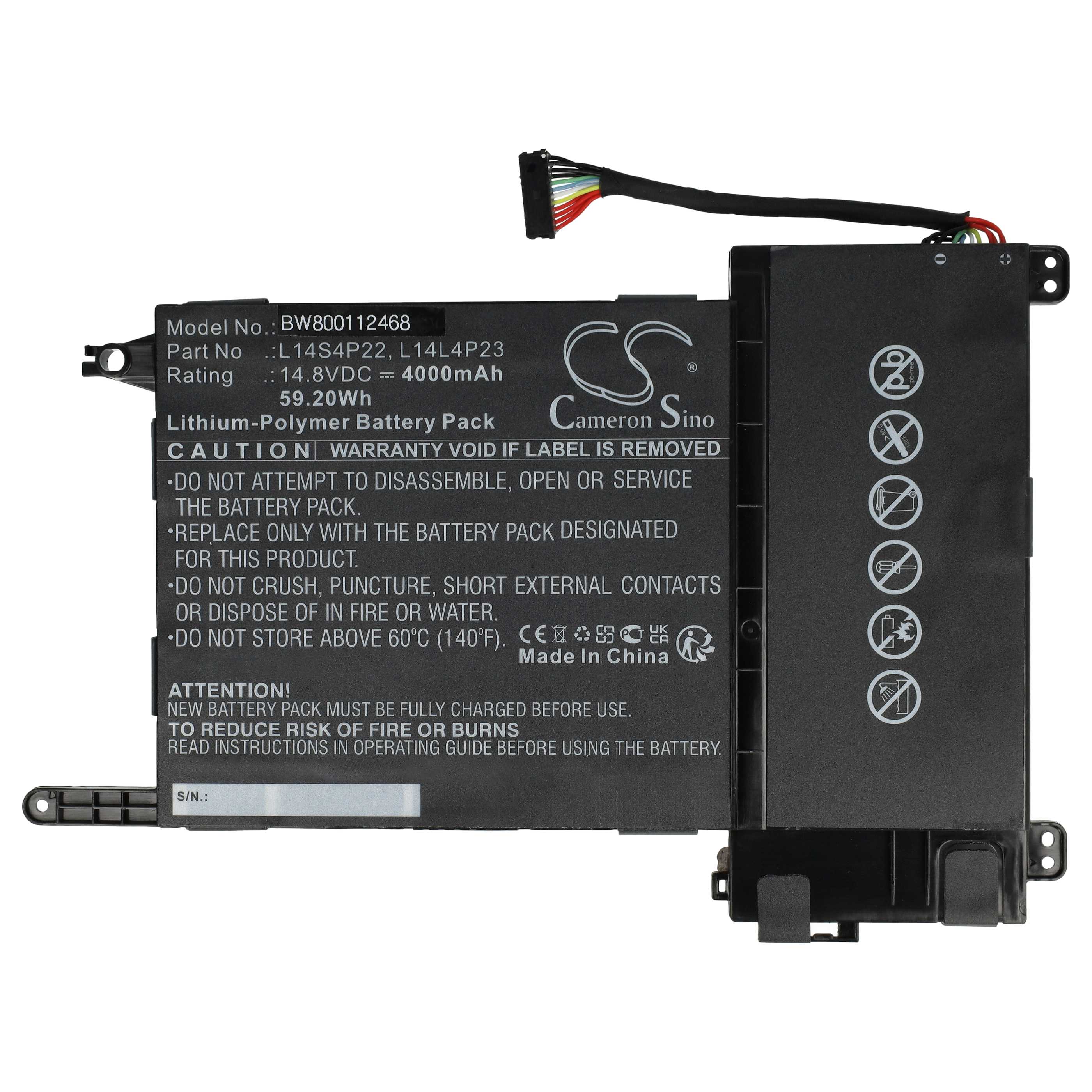 Batterie remplace Lenovo L14M4P23, L14L4P23 pour ordinateur portable - 4000mAh 14,8V Li-polymère, noir
