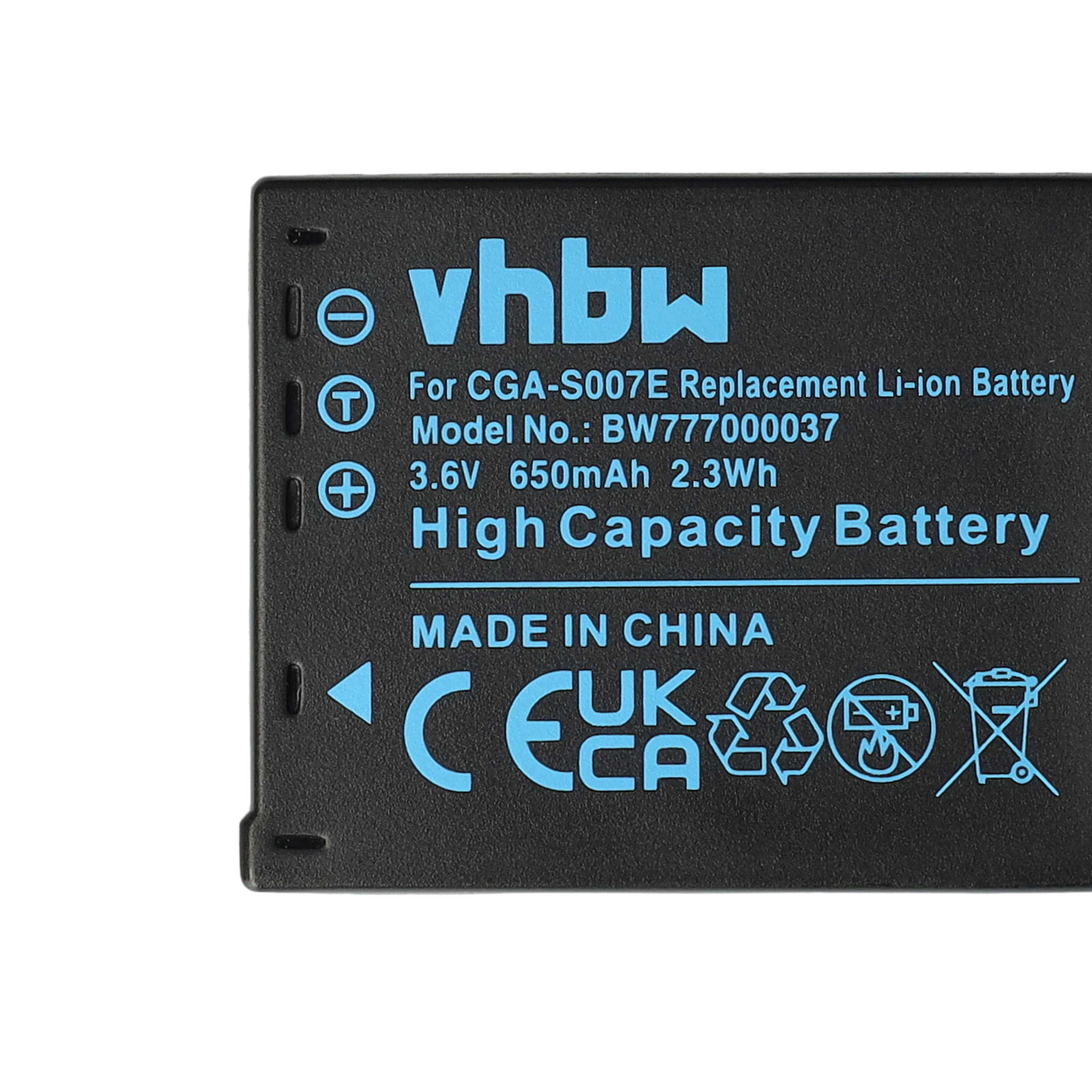 2x Battery suitable for Panasonic Lumix DMC-TZ1, DMC-TZ2, DMC-TZ3, DMC-TZ4, DMC-TZ5 - 650mAh, 3.6V, Li-Ion
