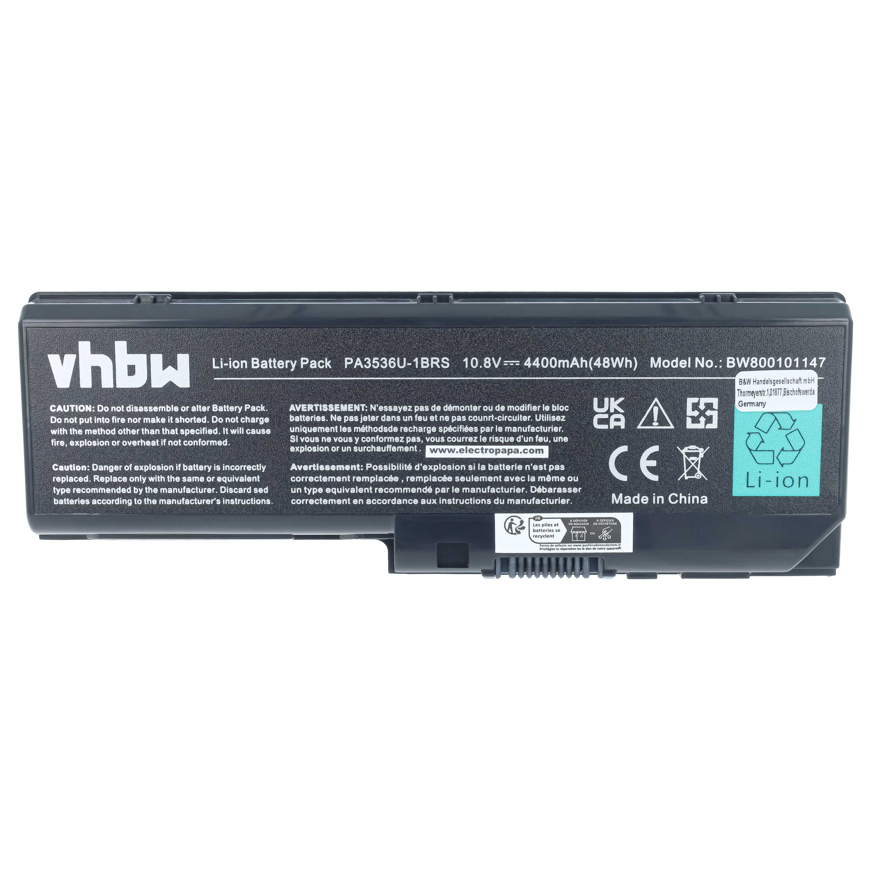 Notebook-Akku als Ersatz für Toshiba PA3536U-1BAS, PA3536U-1BRS für Toshiba - 4400mAh 11,1V Li-Ion, schwarz