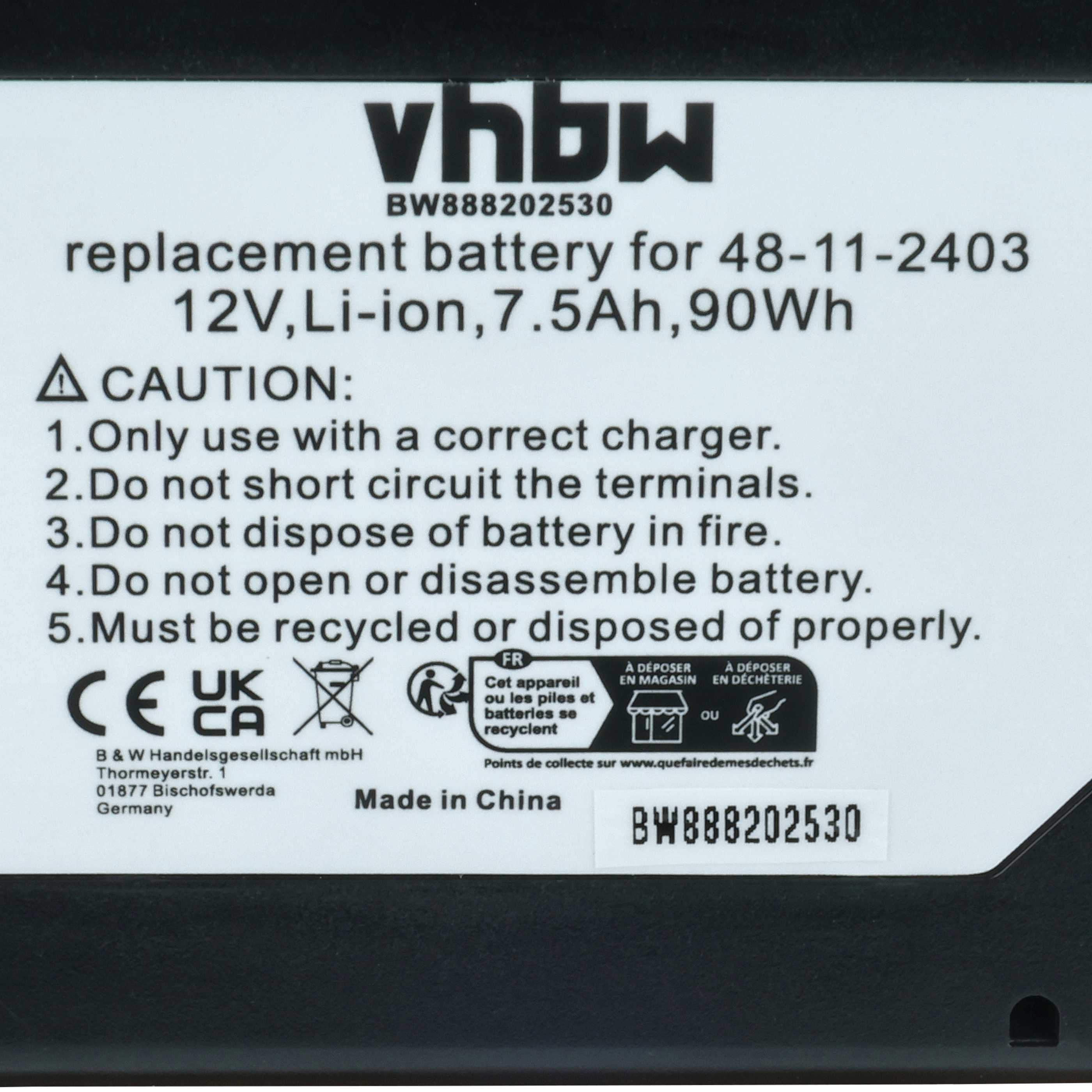 Battery replaces Milwaukee 48-11-2402, 48112401, 48-11-2401 Electric Power Tool - 7500 mAh, 12 V, Li-Ion