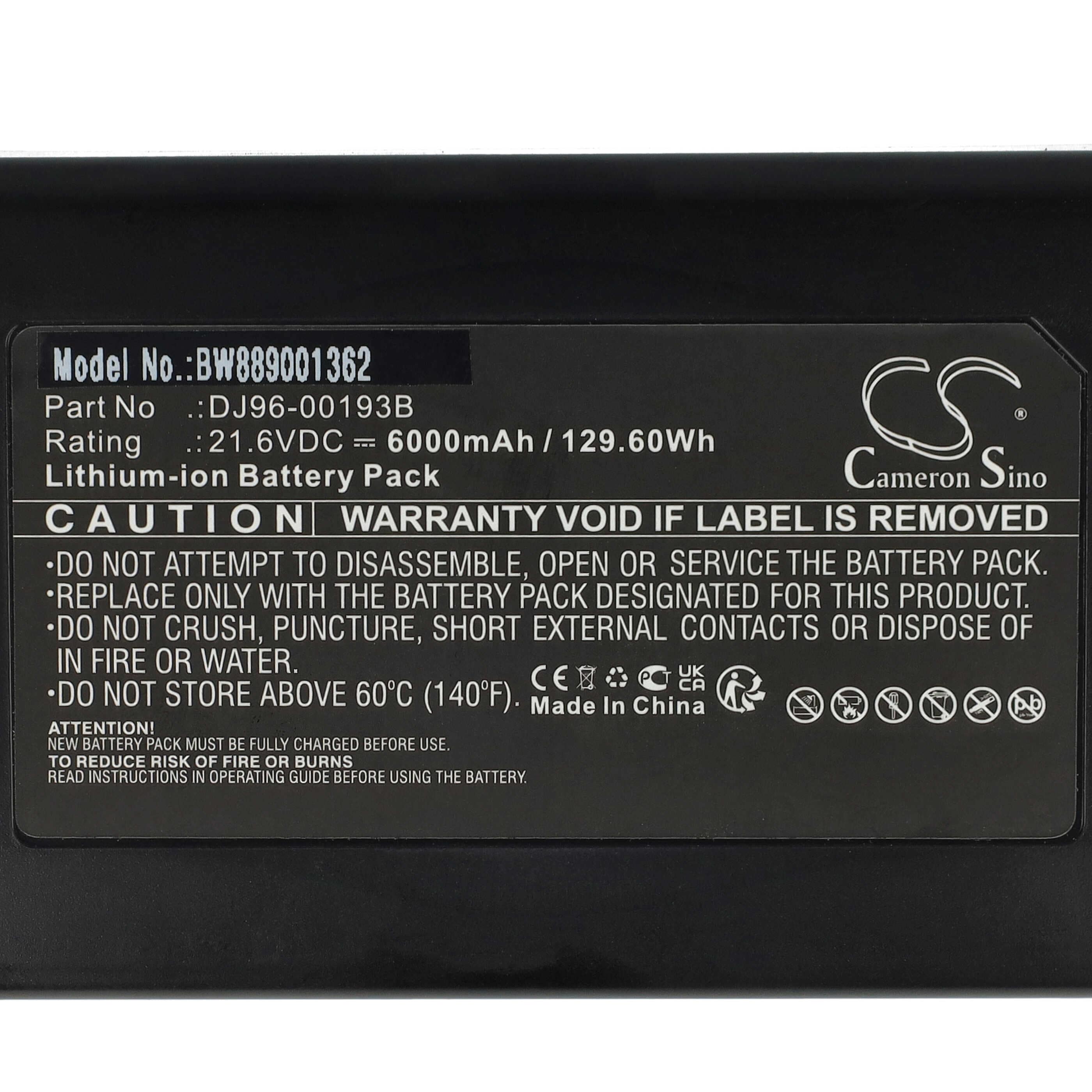 Batería reemplaza Samsung DJ96-00193B, DJ68-00741V-00 para aspiradora Samsung - 6000 mAh 21,6 V Li-Ion