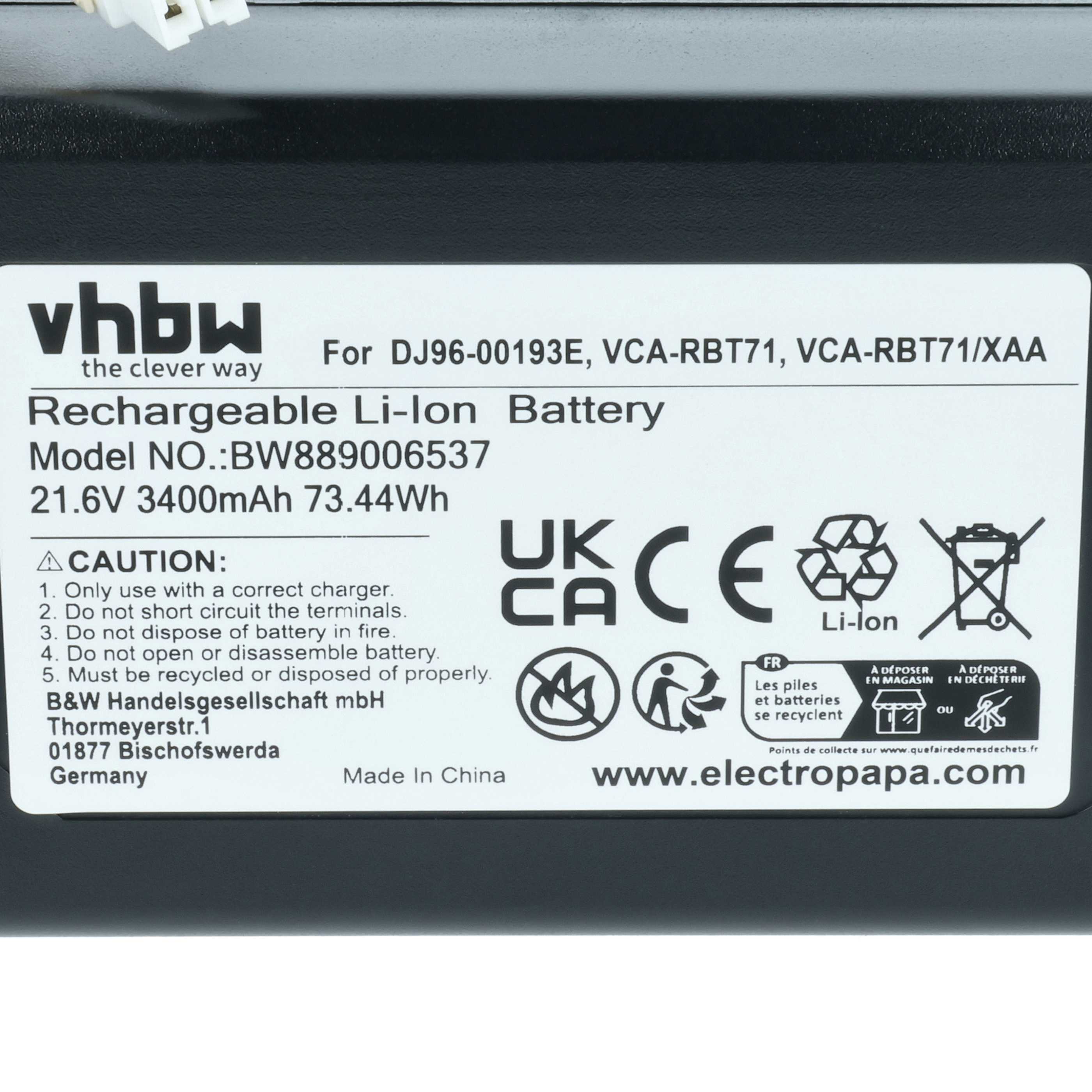 Batteria sostituisce Samsung DJ96-00193E, VCA-RBT71/XAA, VCA-RBT71 per robot aspiratore - 3,4Ah 21,6V Li-Ion
