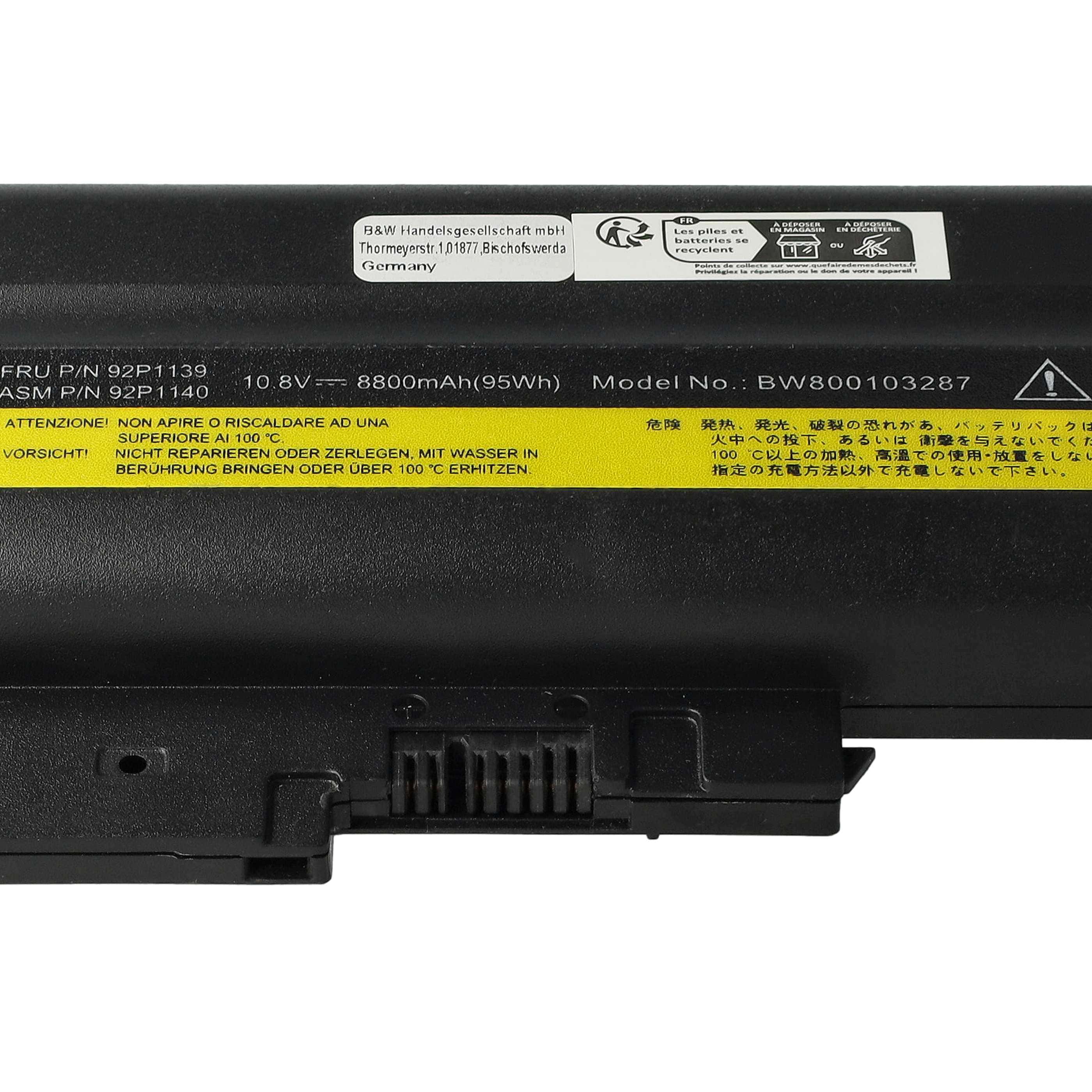 Batería reemplaza IBM / Lenovo 40Y6797, 40Y6798, 40Y6799, 40Y6795 para notebook - 8800 mAh 10,8 V Li-Ion negro
