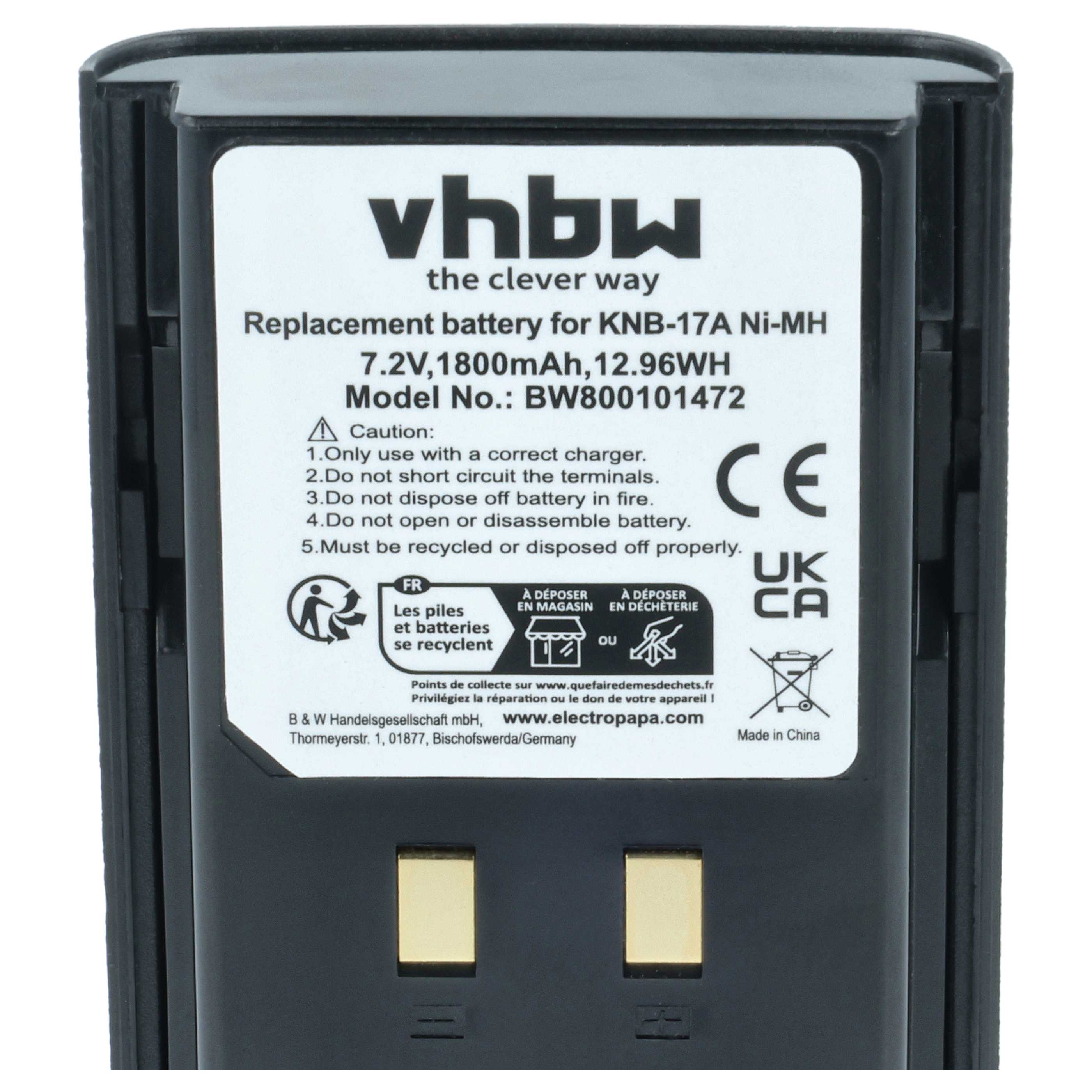 Radio 5x Battery replaces Kenwood KNB-52N, KNB-22N, KNB-21N, KNB-17N, KNB-17A, KNB-16A - 1800 mAh 7.2 V NiMH