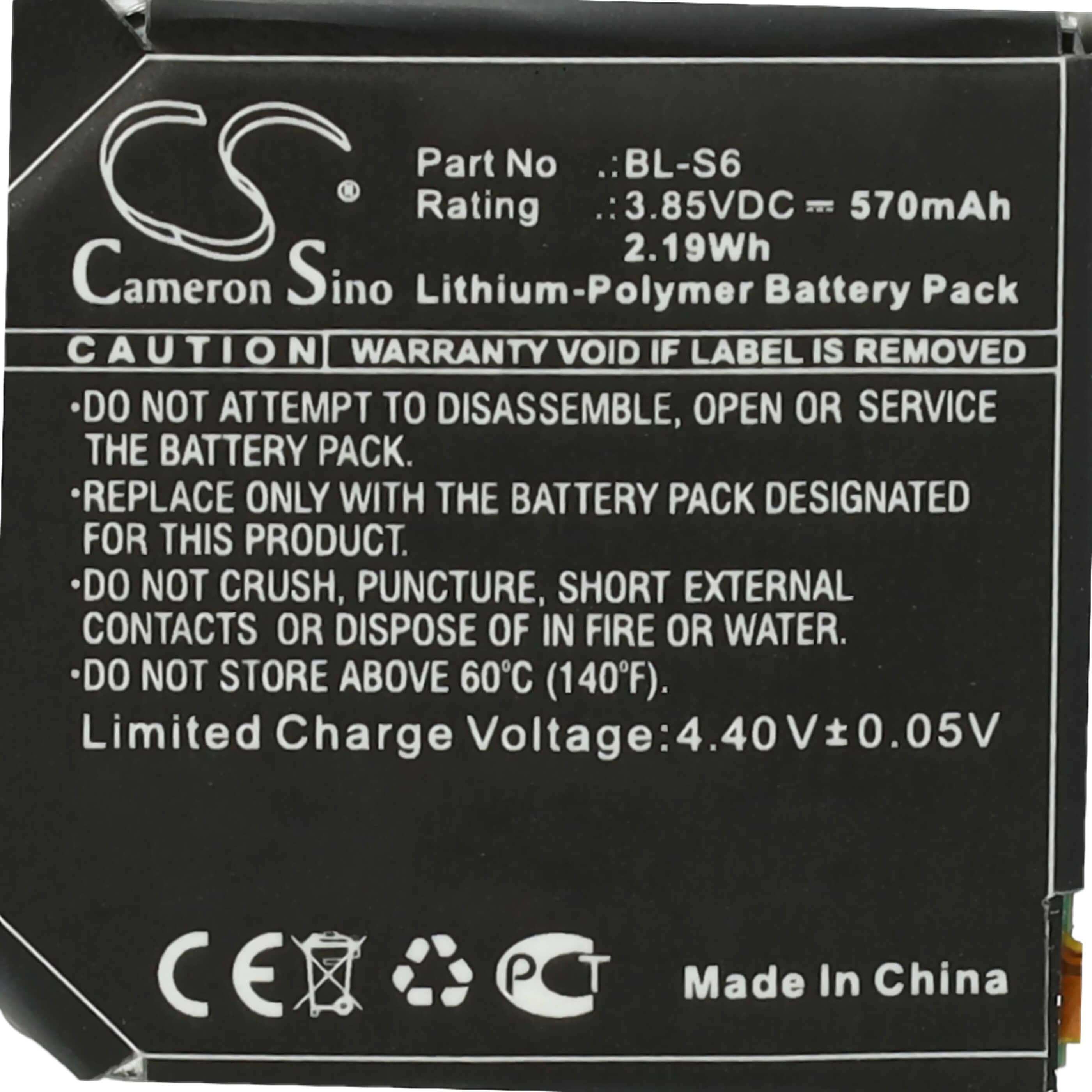 Smartwatch Battery replaces LG BL-S6 - 570 mAh 3.85 V Li-polymer + Tools