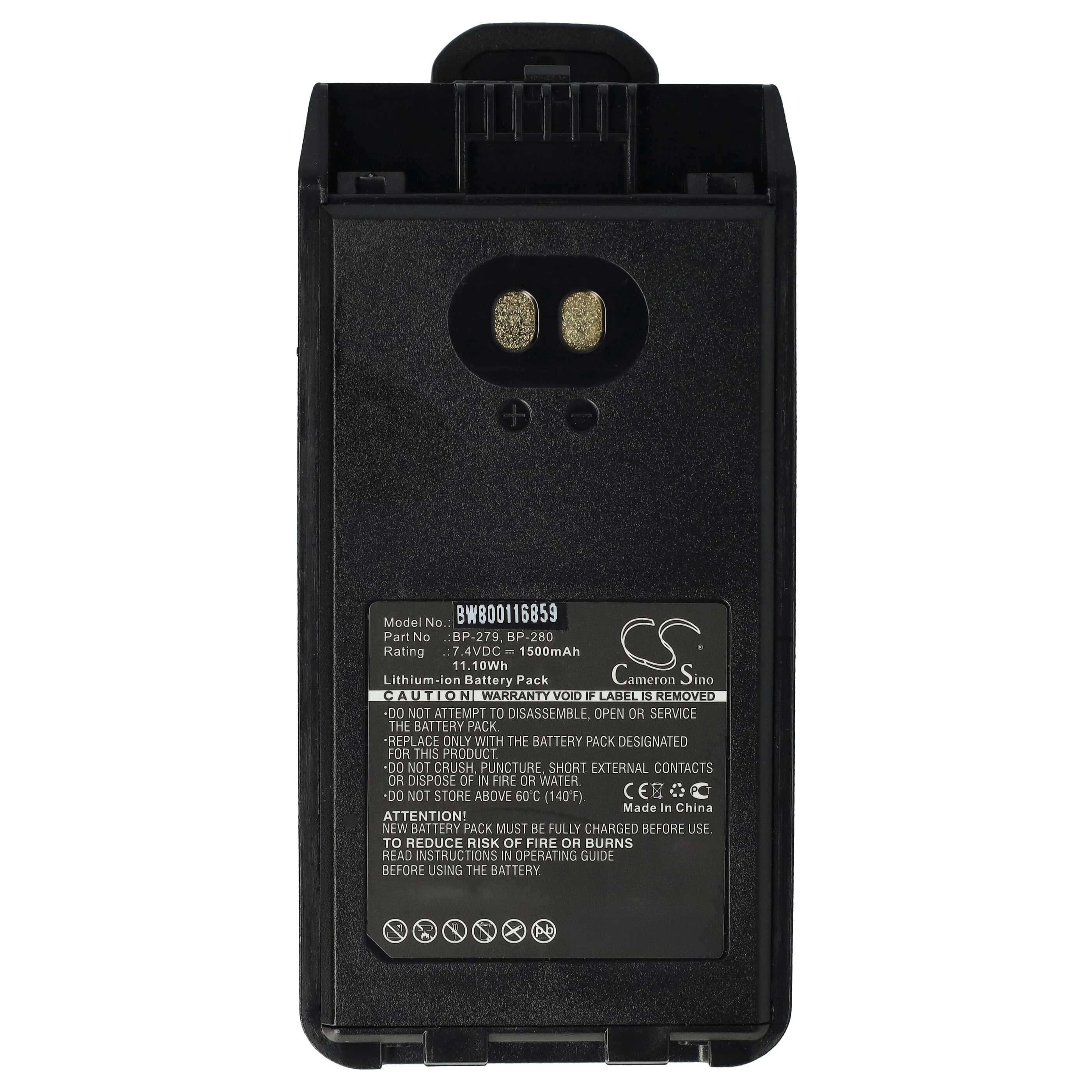 Batería reemplaza Icom BP-279, BP-280 para radio, walkie-talkie Icom - 1500 mAh 7,4 V Li-Ion con clip