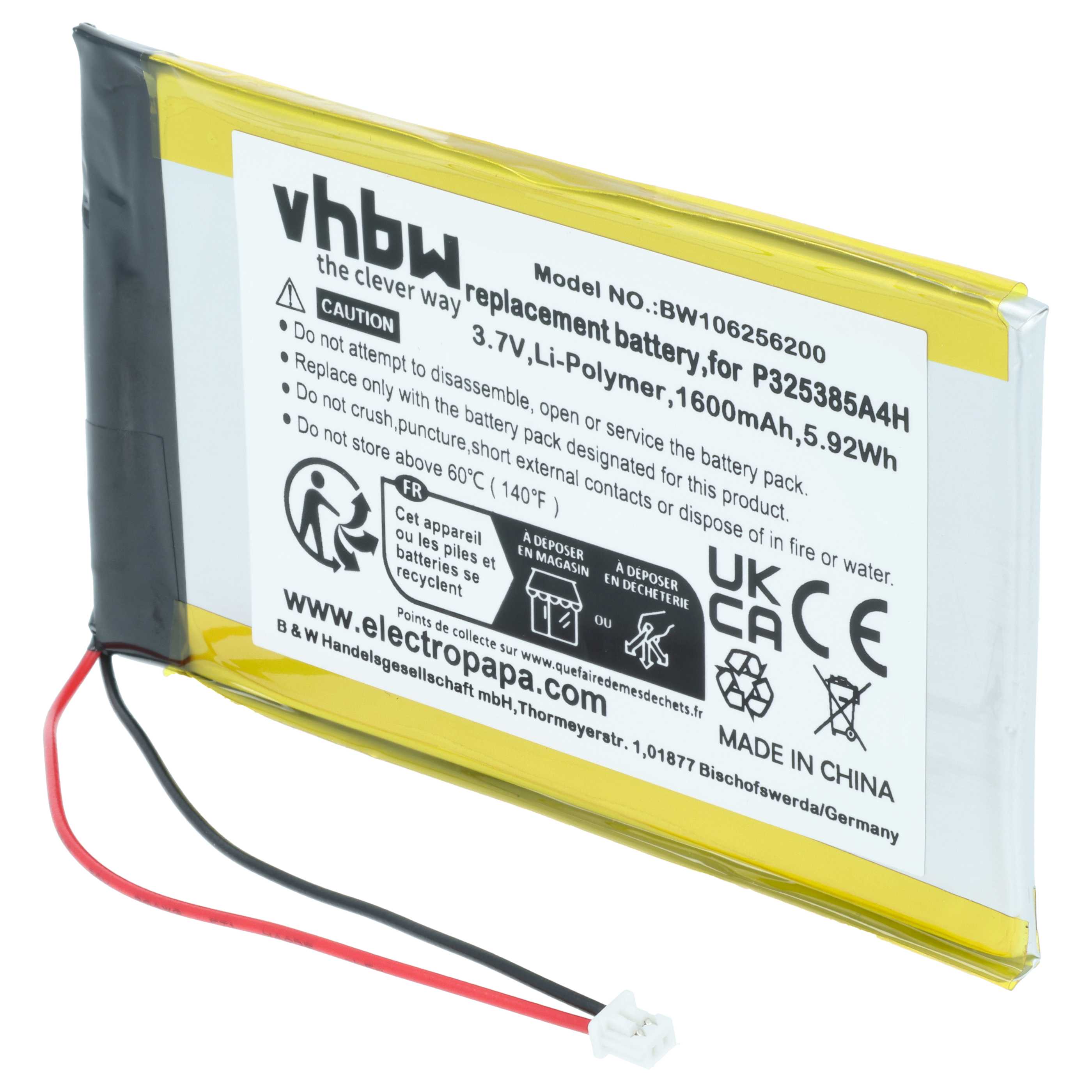 MP3-Player Battery replaces Apple UP325385A4H, P325385A4H - 1600 mAh 3.7 V Li-polymer