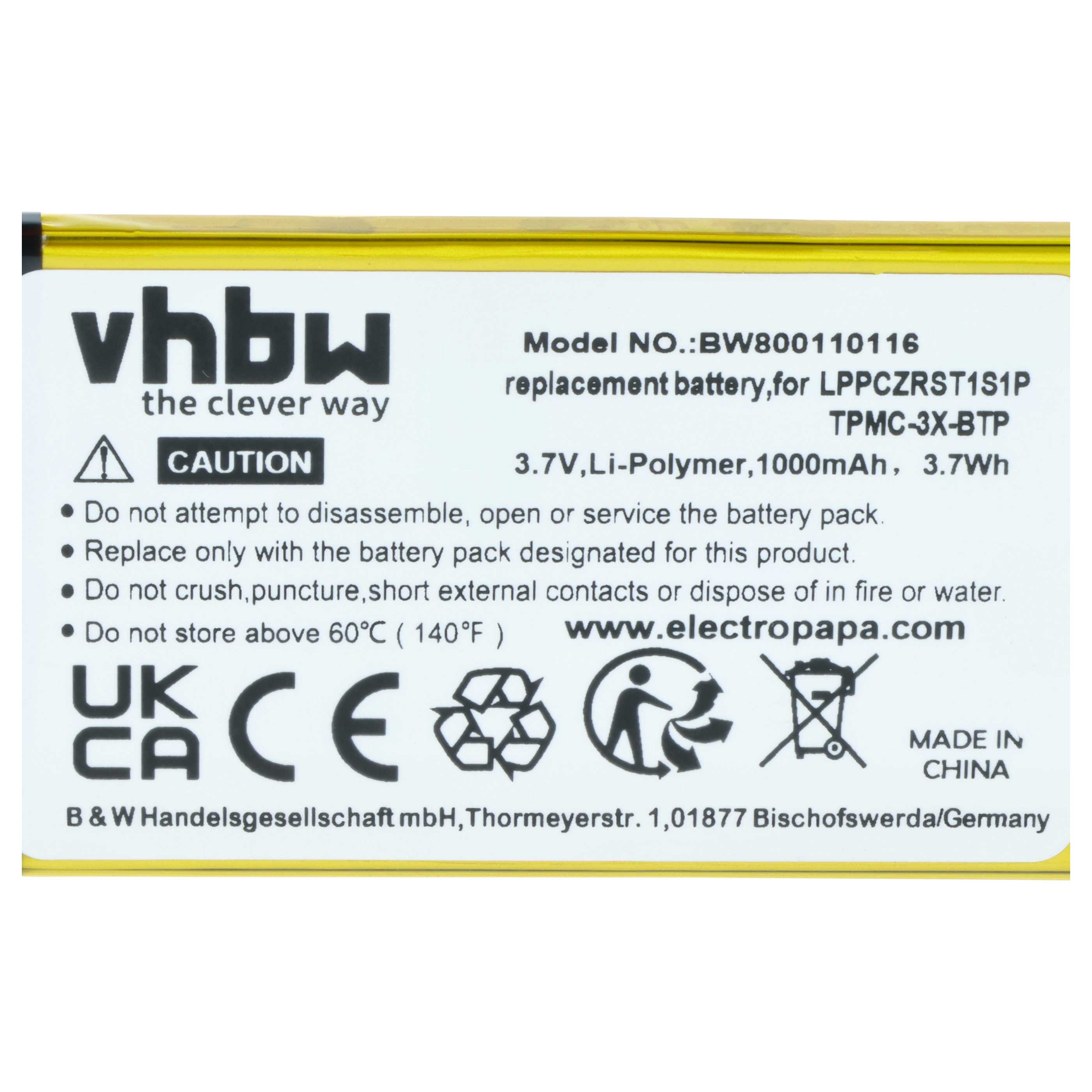 Remote Control Battery replaces Crestron LPPCZRST1S1P, TPMC-3X-BTP - 1000 mAh 3.7 V Li-polymer
