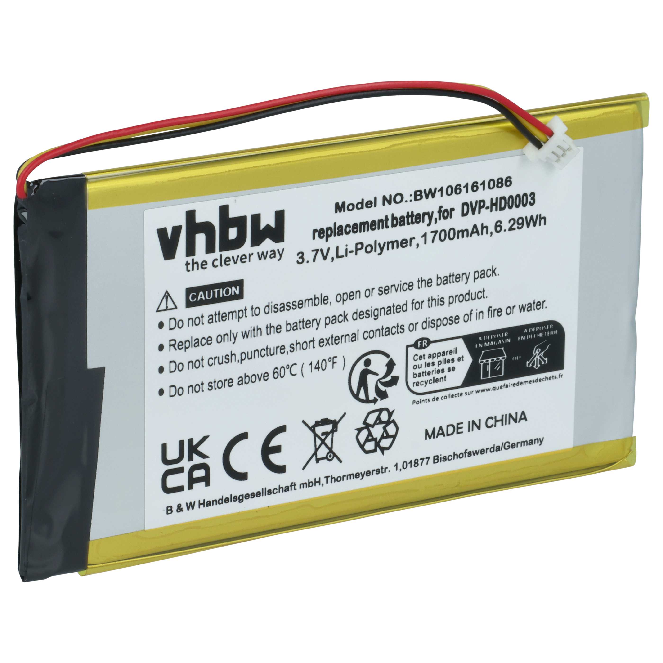 MP3-Player Battery replaces Creative Labs LPCS285385, BA20603R79914, DVP-HD0003 - 1700 mAh 3.7 V Li-polymer