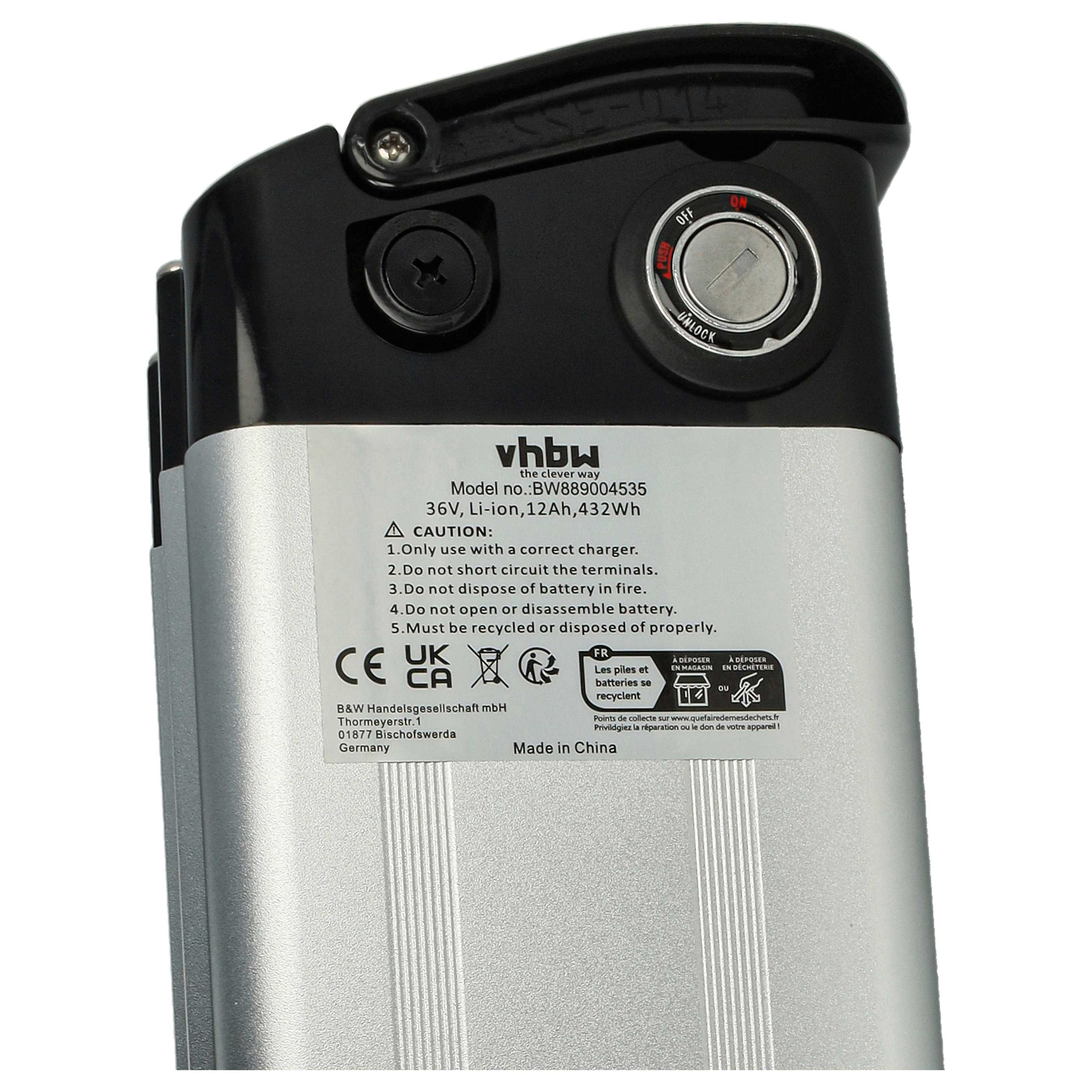 E-Bike Seat Tube Replacement Battery - 12 Ah 36 V Li-Ion incl. charger, incl. Charger