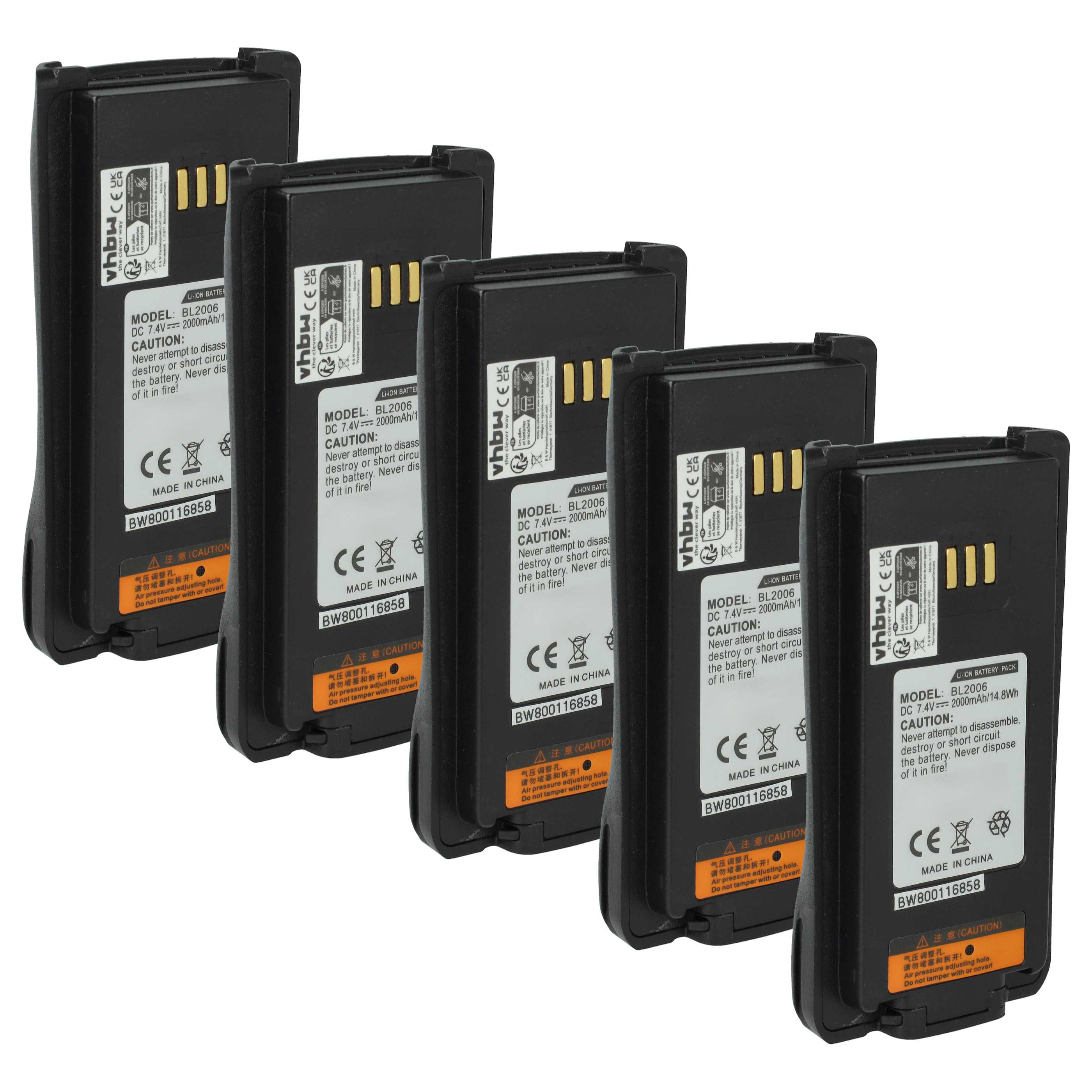 Radio 5x Battery replaces Hyt BL2006Li, BL2008, BL2006, BL2503 - 2000 mAh 7.4 V Li-Ion