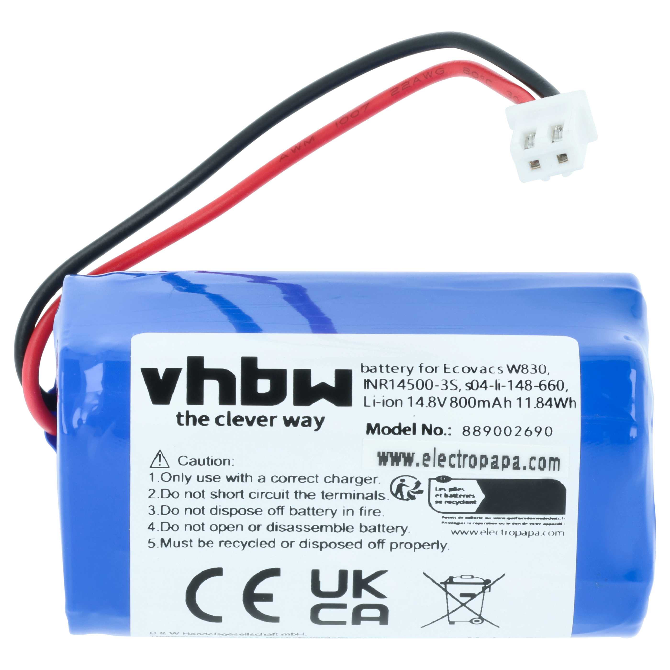Battery replaces Ecovacs s04-li-148-660, 10001029, 10000605 for Ecovacs 800mAh, 14.8V, Li-Ion