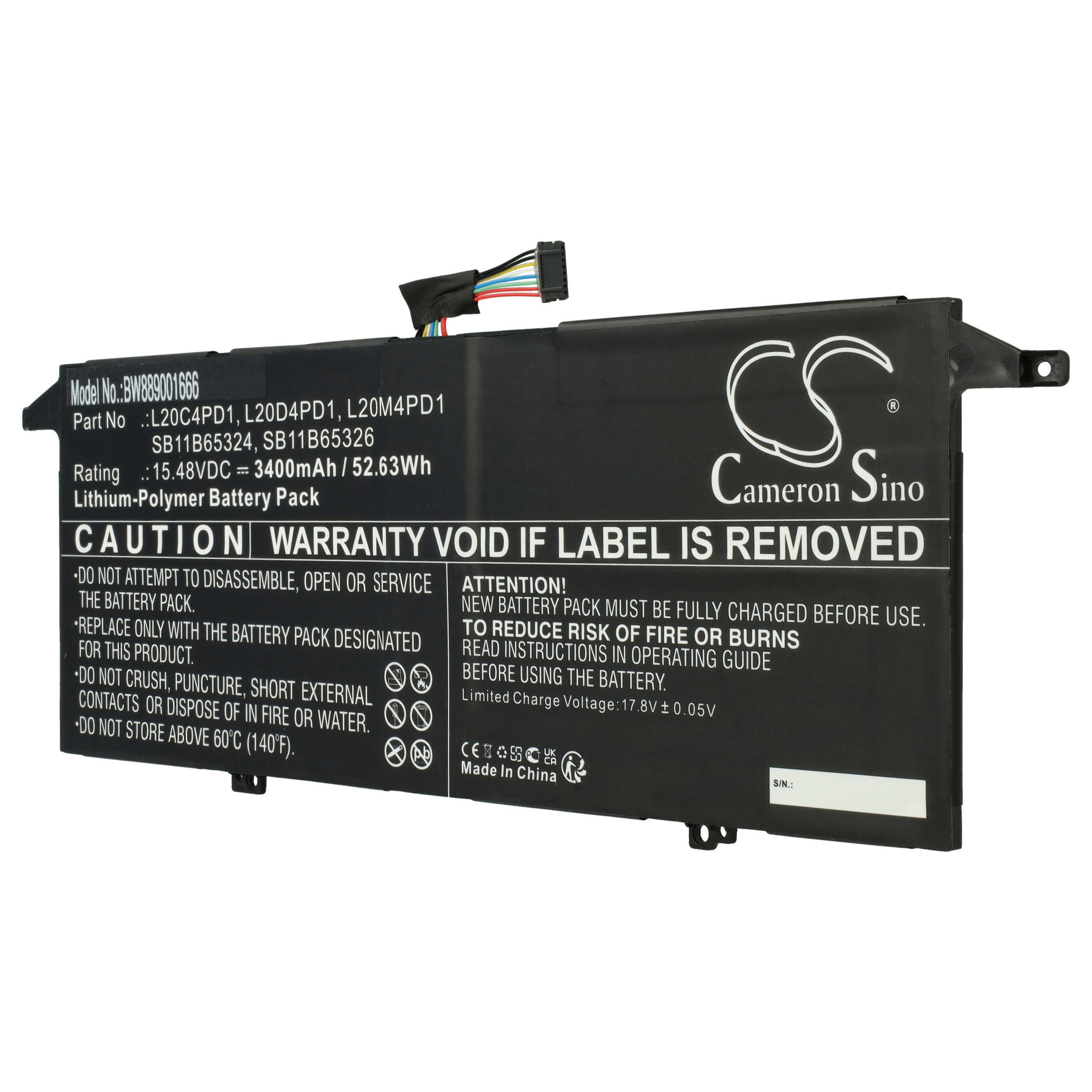 Batterie remplace Lenovo L20M4PD1, L20C4PD1, L20D4PD1 pour ordinateur portable - 3400mAh 15,48V Li-polymère