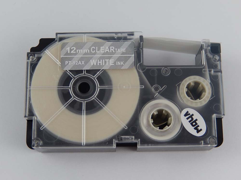 Cassette à ruban remplace Casio XR-12AX, XR-12AX1 - 12mm lettrage Blanc ruban Transparent