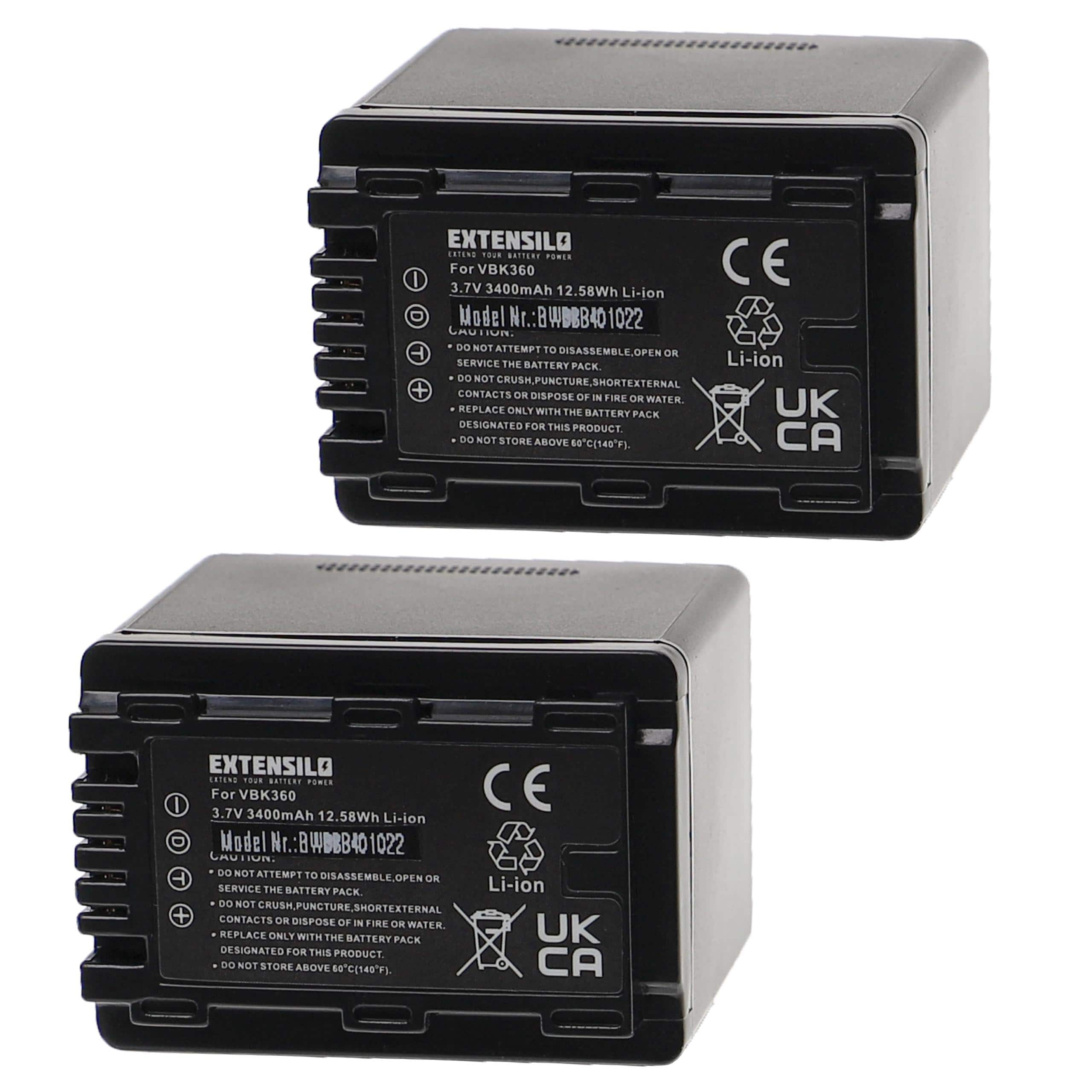 2x Battery replaces Panasonic VW-VBK360 - 3400mAh, 3.7V, Li-Ion