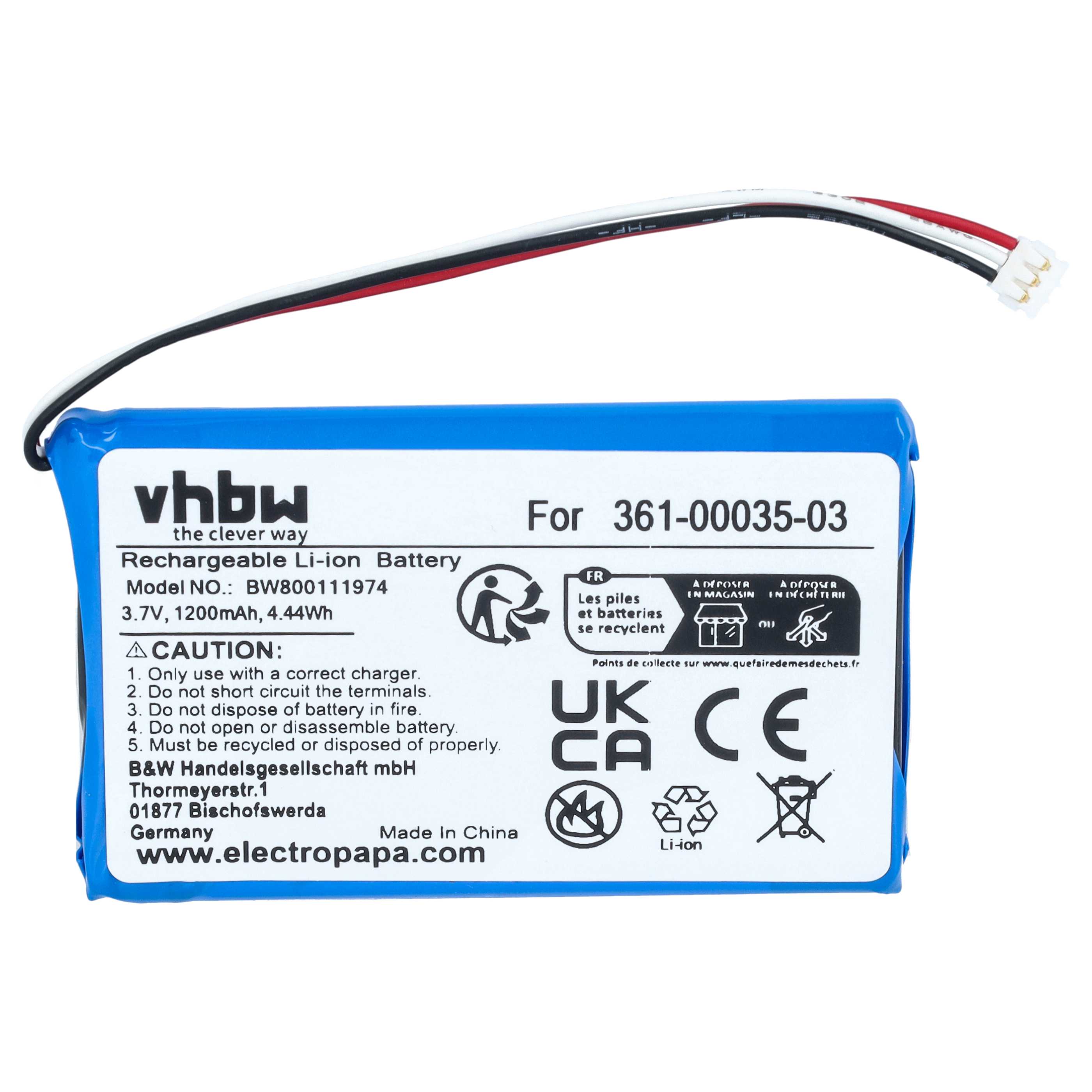 GPS Battery replaces Garmin 361-00035-03, AI32AI32FA14Y, 361-00035-00, KE37BE49D0DX3 - 1200mAh, 3.7V