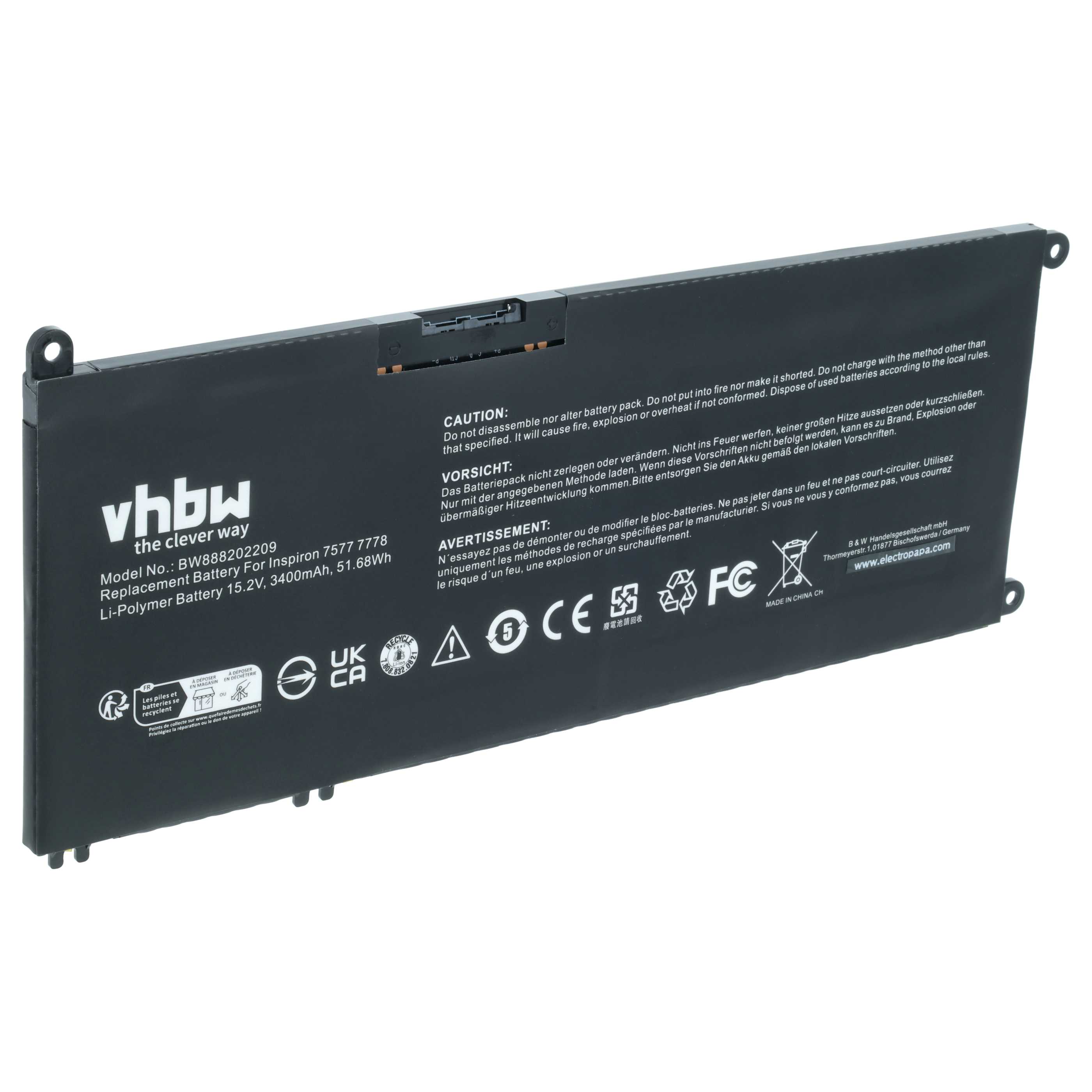 Batteria sostituisce Dell P30E, 7FHHV, 33YDH, 07FHHV, P72F, P30E001 per notebook - 3400mAh 15,2V Li-Ion