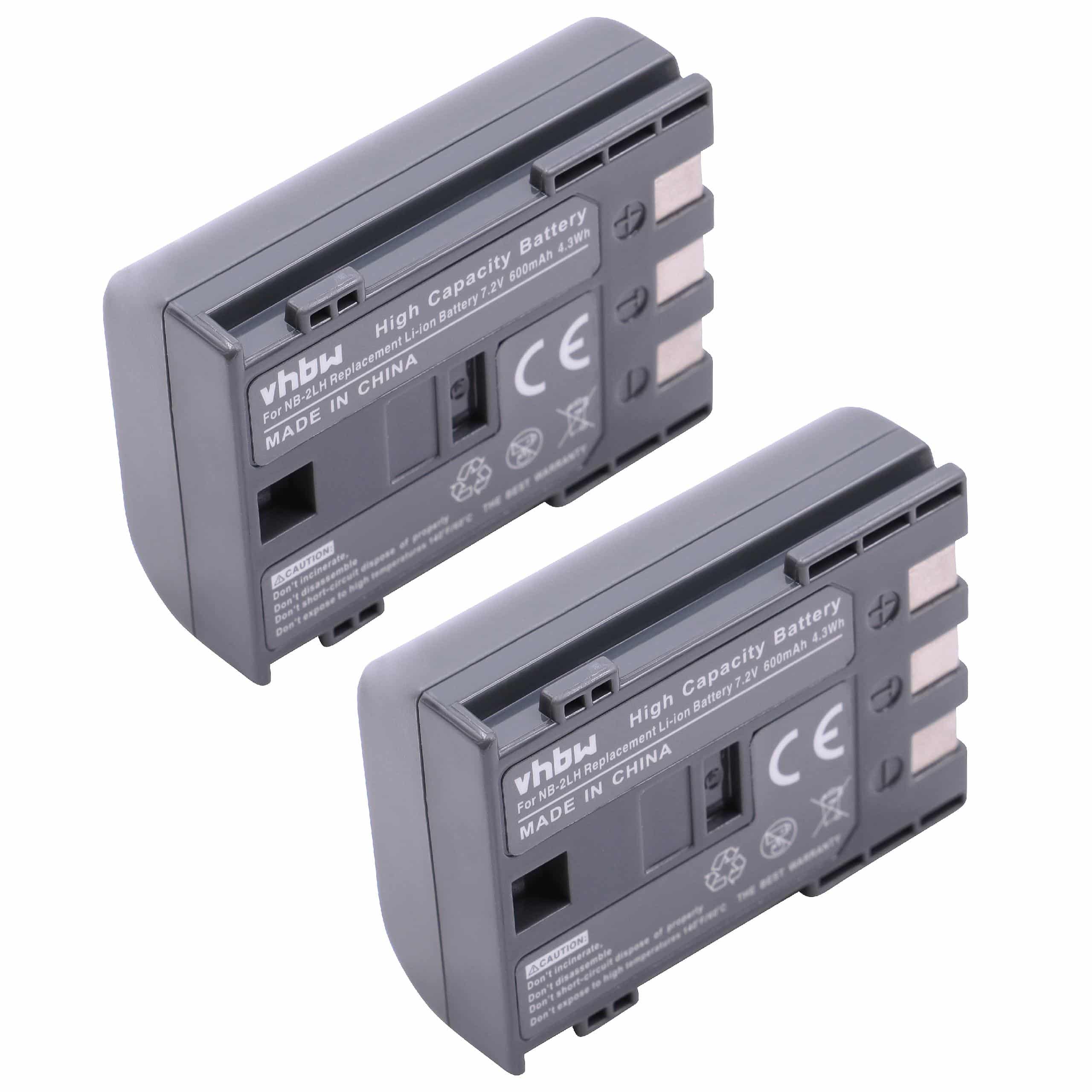 Videocamera Battery (2 Units) Replacement for Canon NB-2LH, NB-2L - 600mAh 7.2V Li-Ion