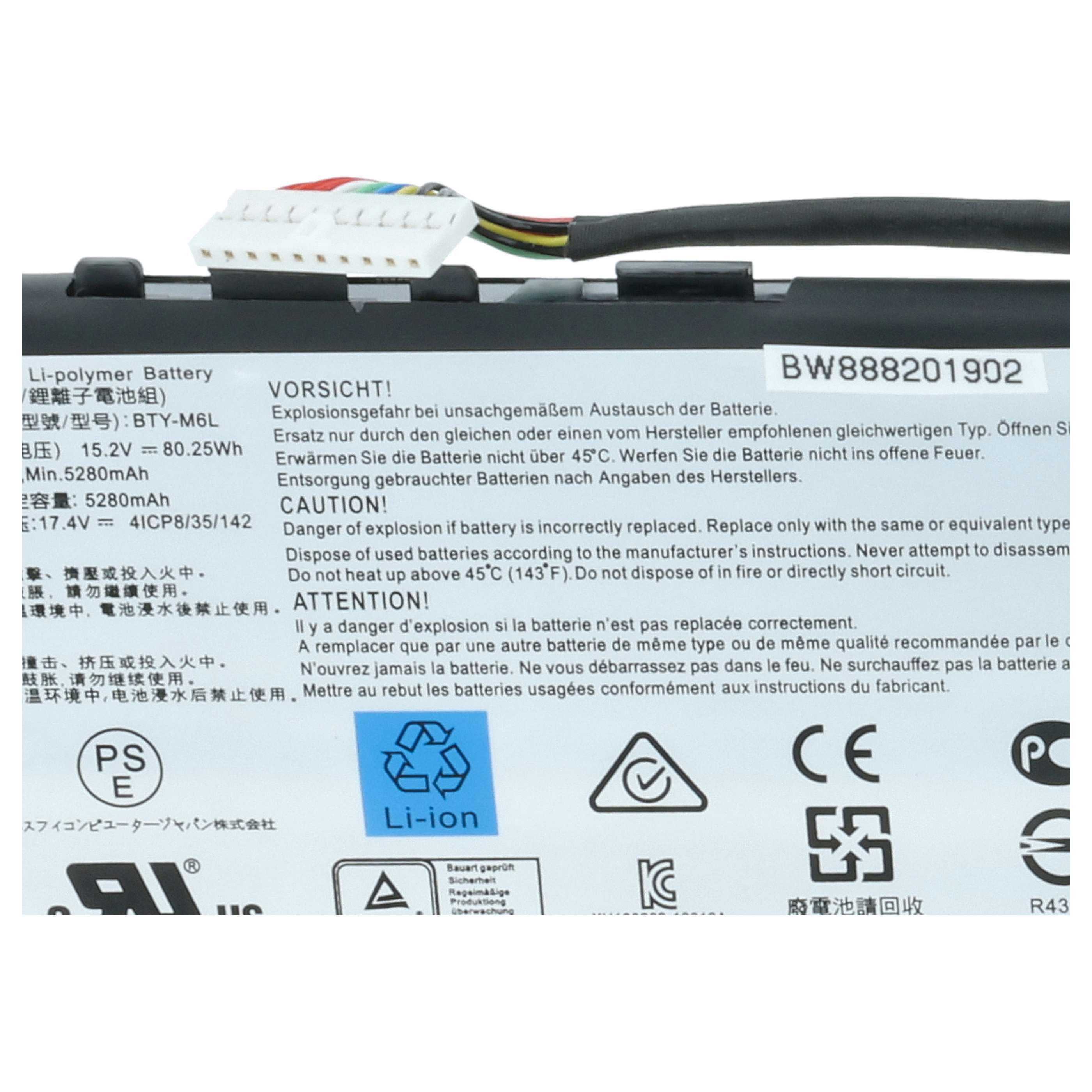Notebook Battery replaces MSI BTY-M6L - 5200 mAh 15.2 V Li-polymer