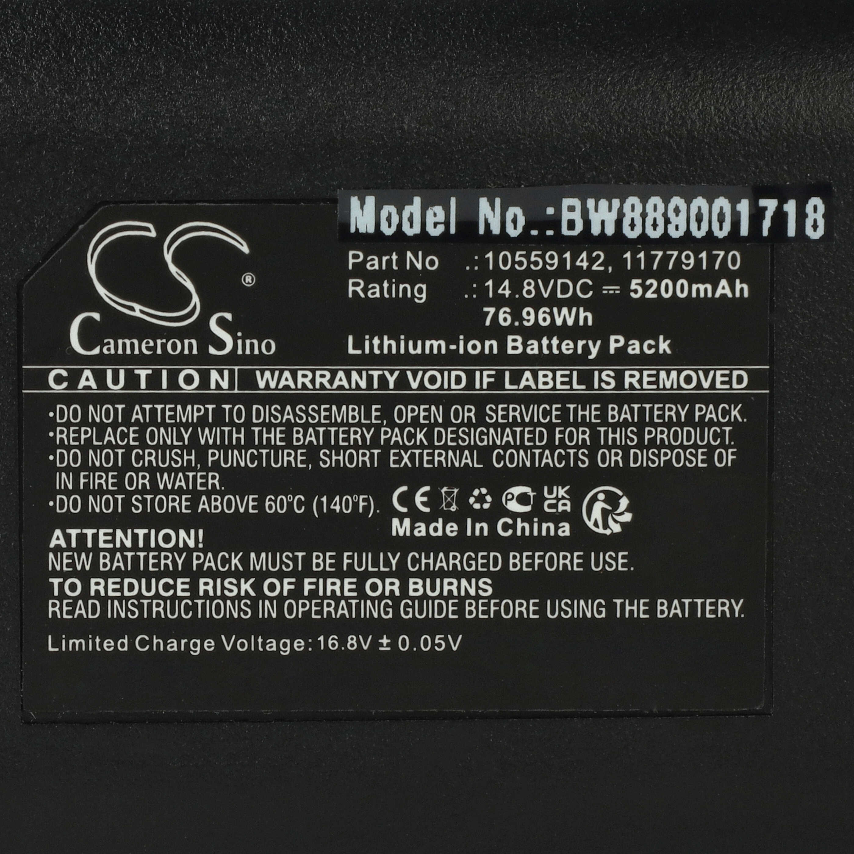Battery replaces Miele 11779170, 10559142 for Miele 5200mAh, 14.8V, Li-Ion
