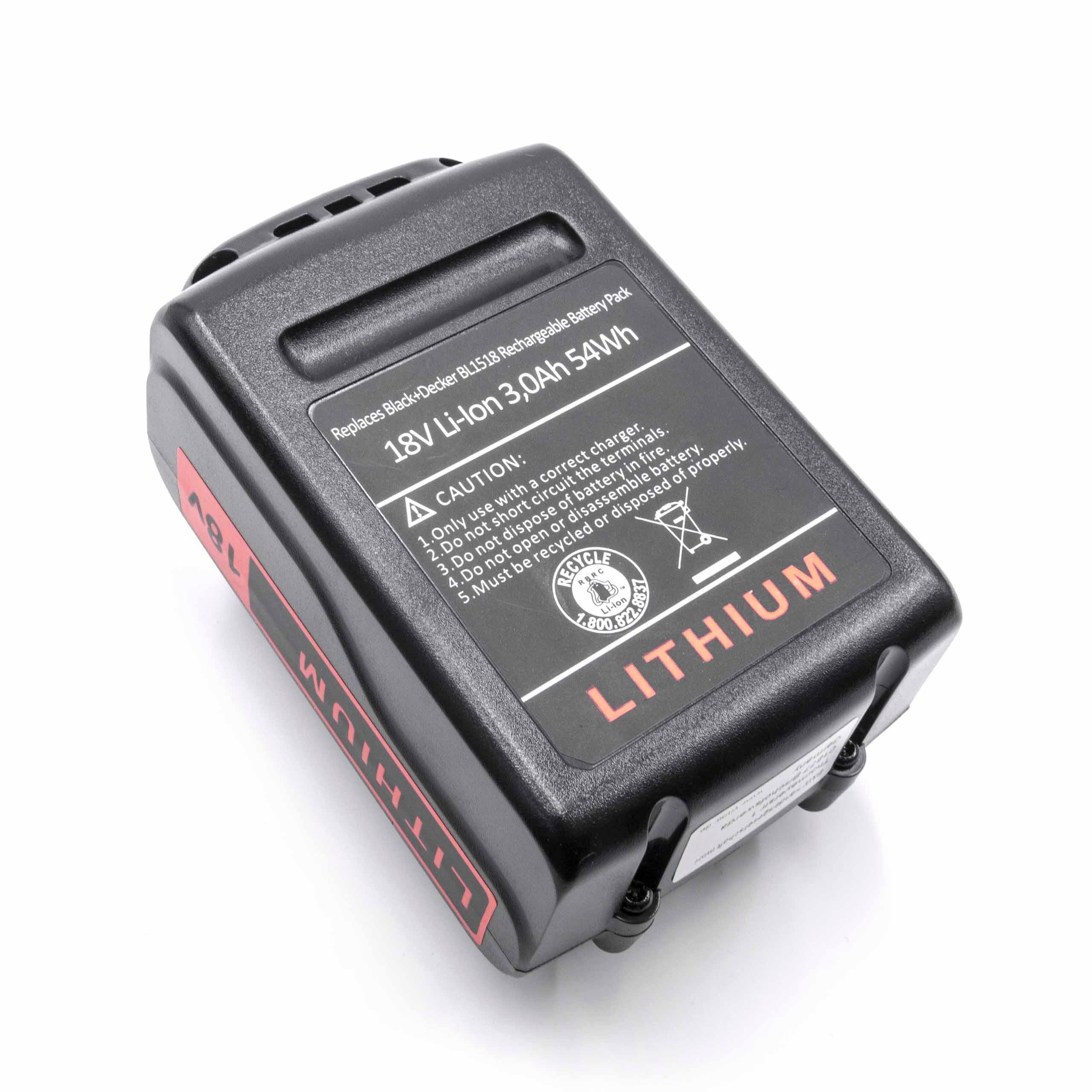 Electric Power Tool Battery Replaces Black & Decker BL2018, BL1318, BL1518, BL1518-XJ - 3000 mAh, 18 V, Li-Ion