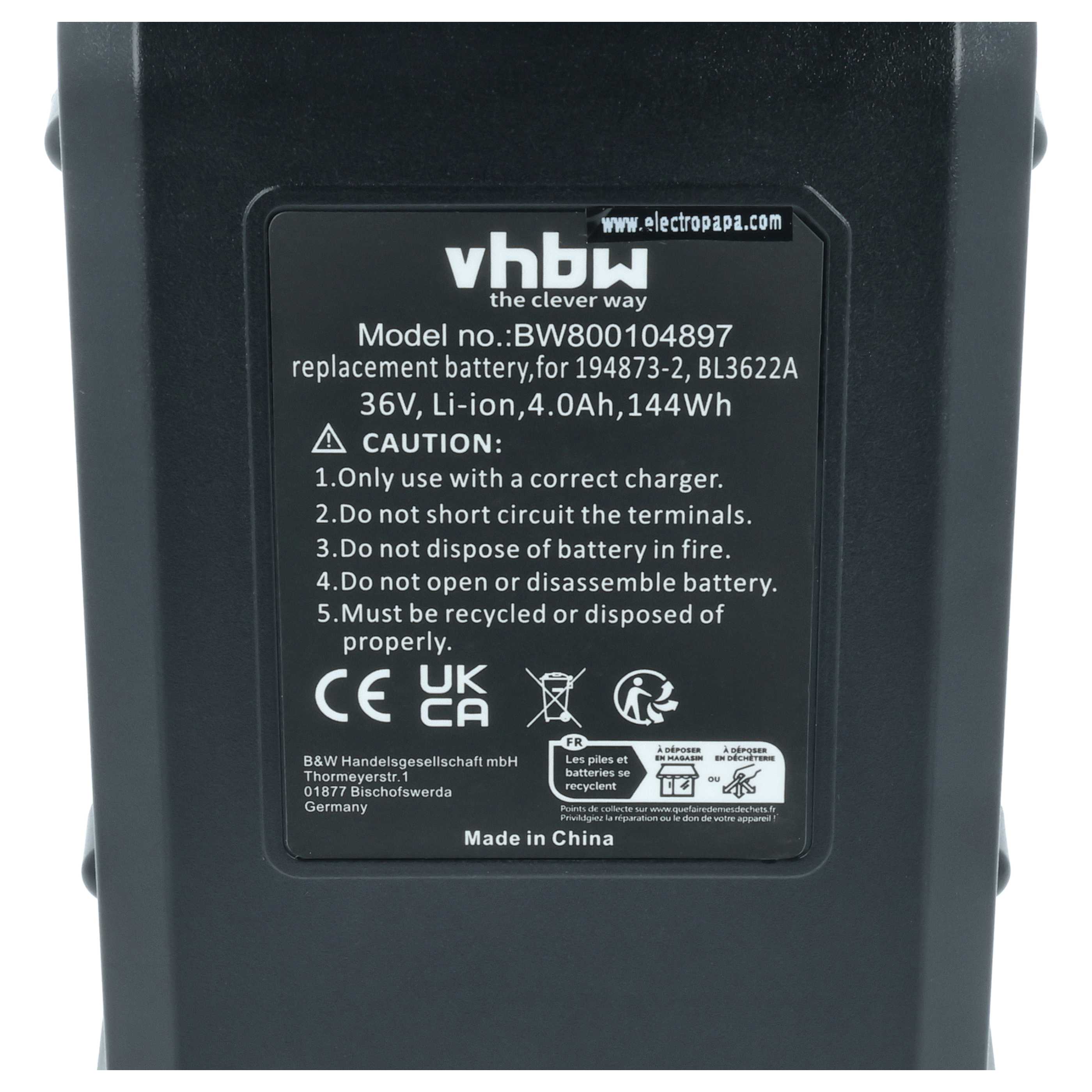 Battery replaces Makita 194873-2, 194874-0, 195410-5, BL3622A Electric Power Tool - 4000 mAh, 36 V, Li-Ion